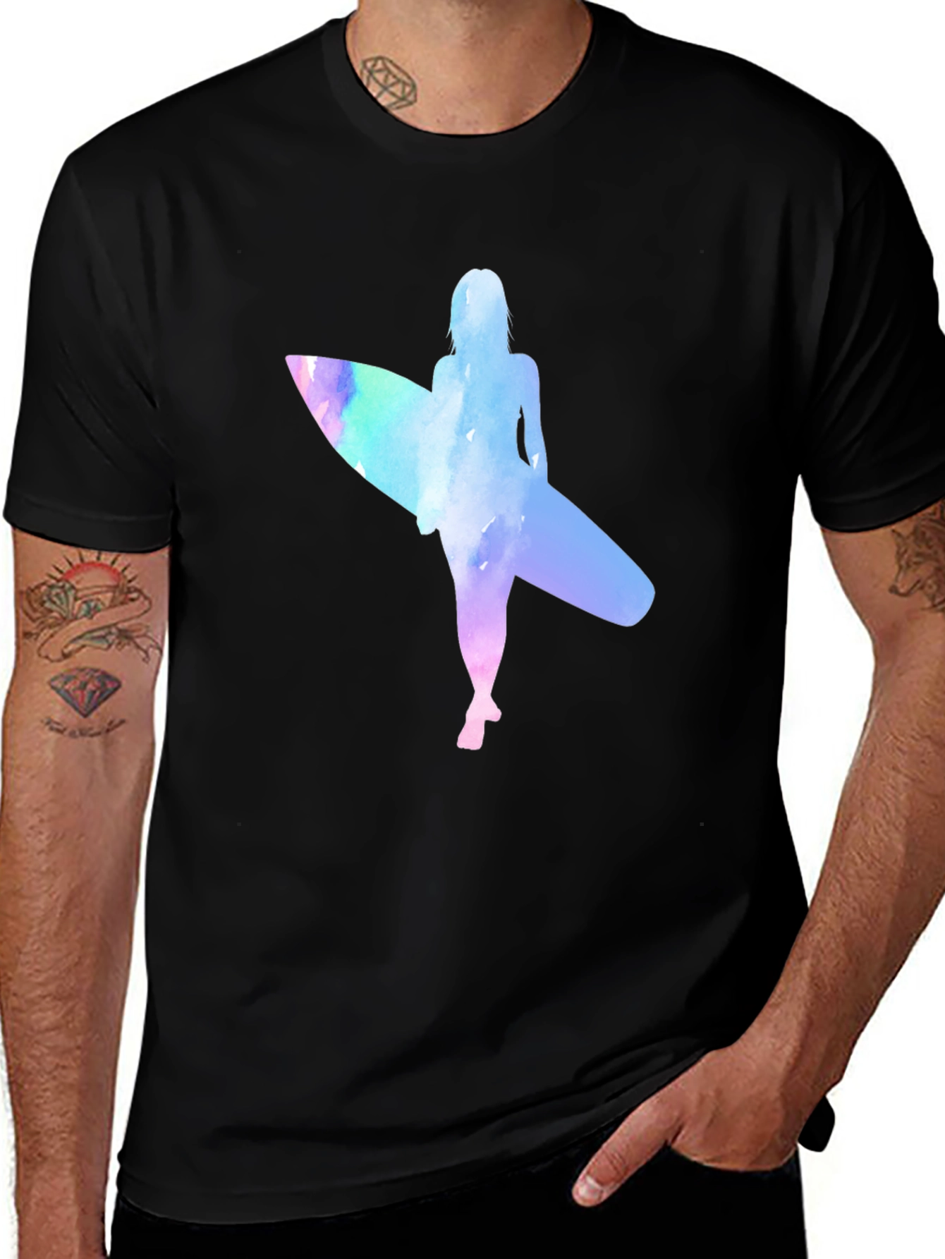 Variant 8 of Watercolor Surfer Girl Graphic Tee - Black T-Shirt