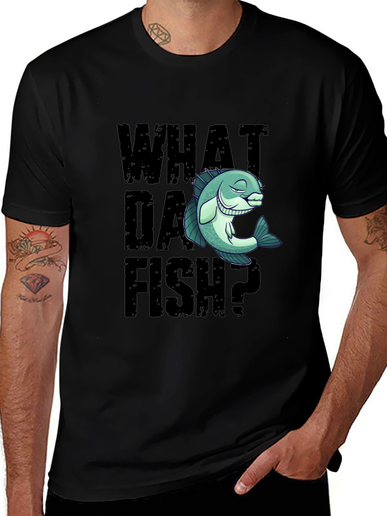 Variant 7 of What Da Fish? Graphic Print Tee - Black Cotton T-Shirt