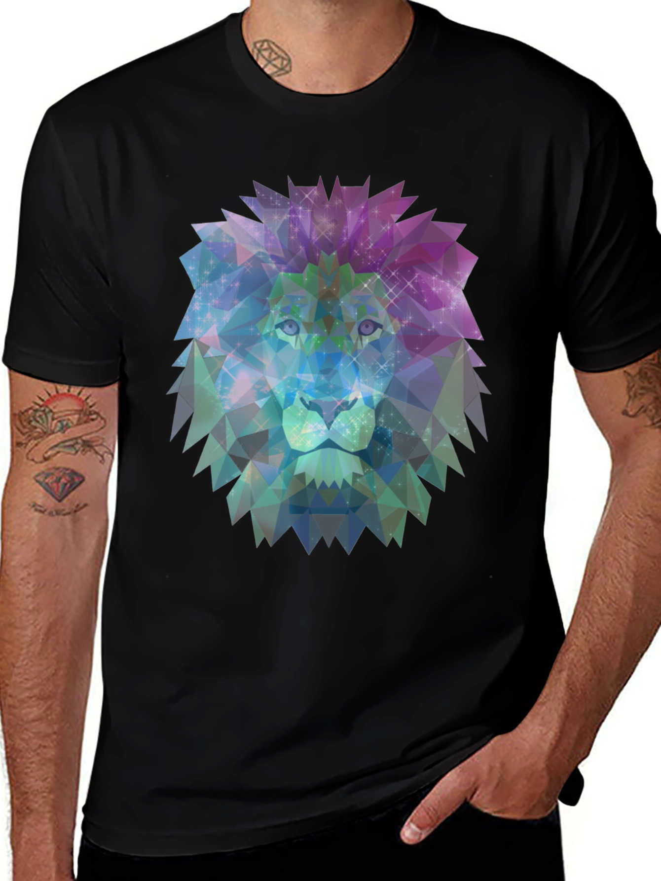 Variant 27 of Geometric Lion Graphic Tee - Stylish Men's Black T-Shirt