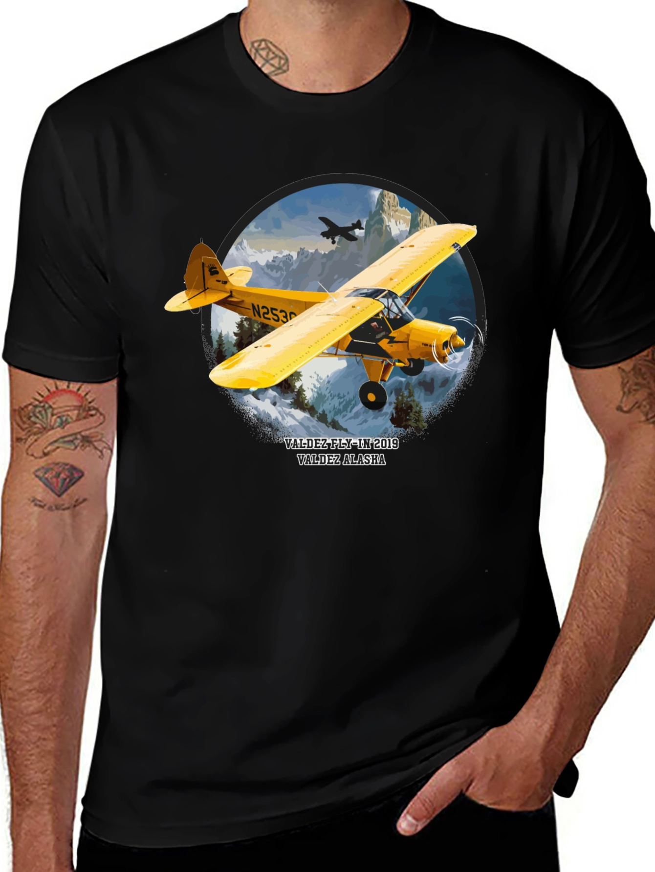 Variant 14 of Valdez Alaska Airplane Graphic Tee - Black Cotton Shirt