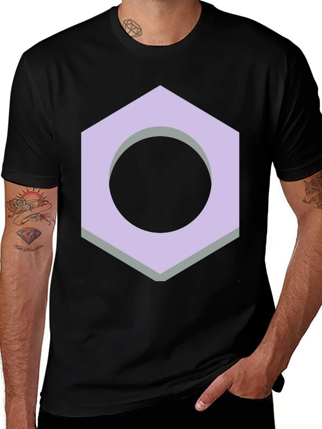 Variant 11 of Geometric Hex Nut Graphic Tee - Casual Black T-Shirt