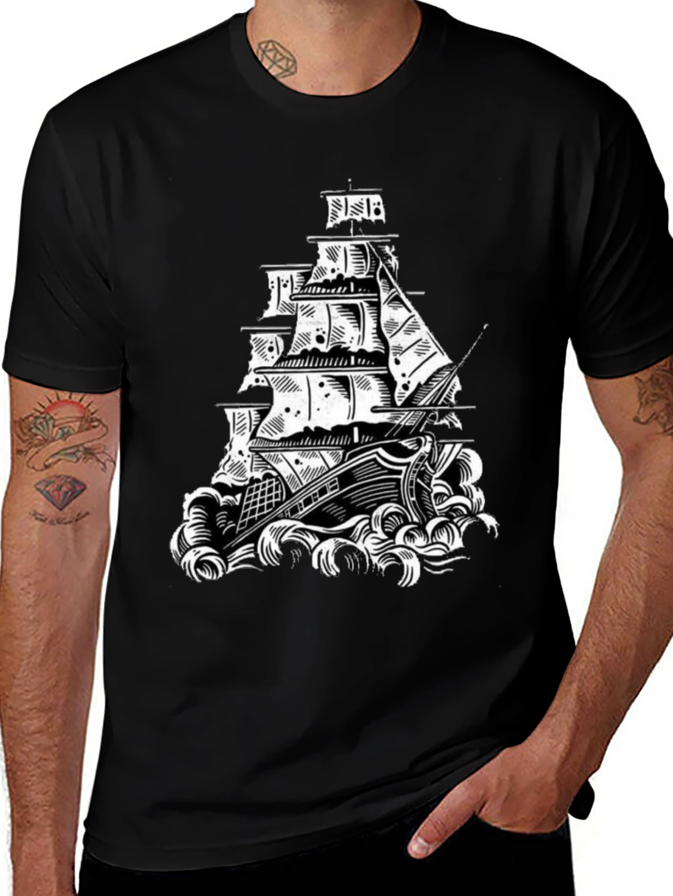 Variant 26 of Vintage Sailing Ship Graphic Tee - Black Cotton T-Shirt