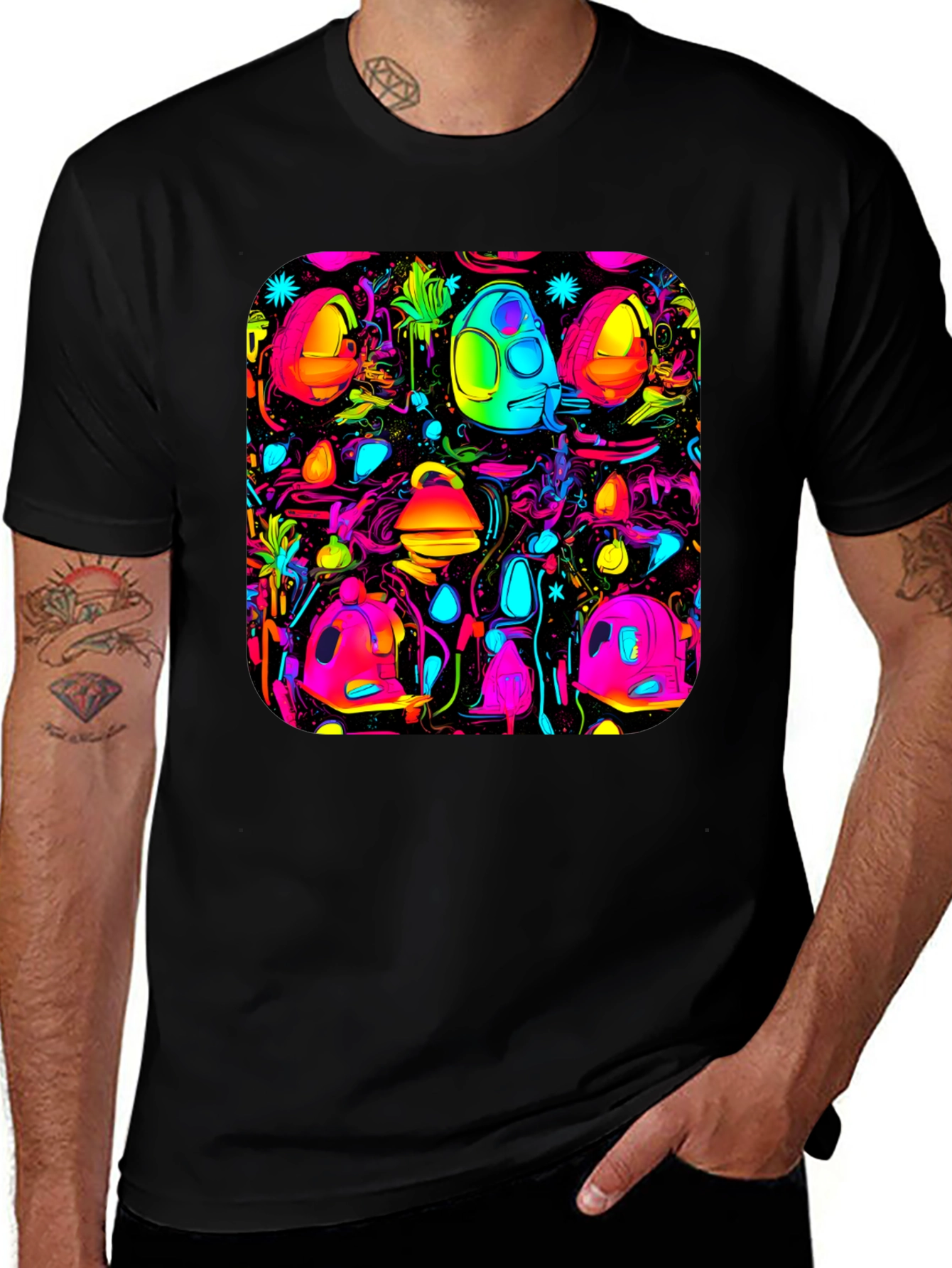 Variant 2 of Neon Psychedelic Pattern Black T-Shirt