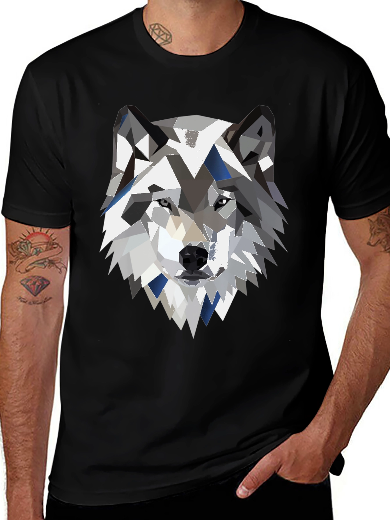 Black Geometric Wolf Graphic Print Black Tee main image
