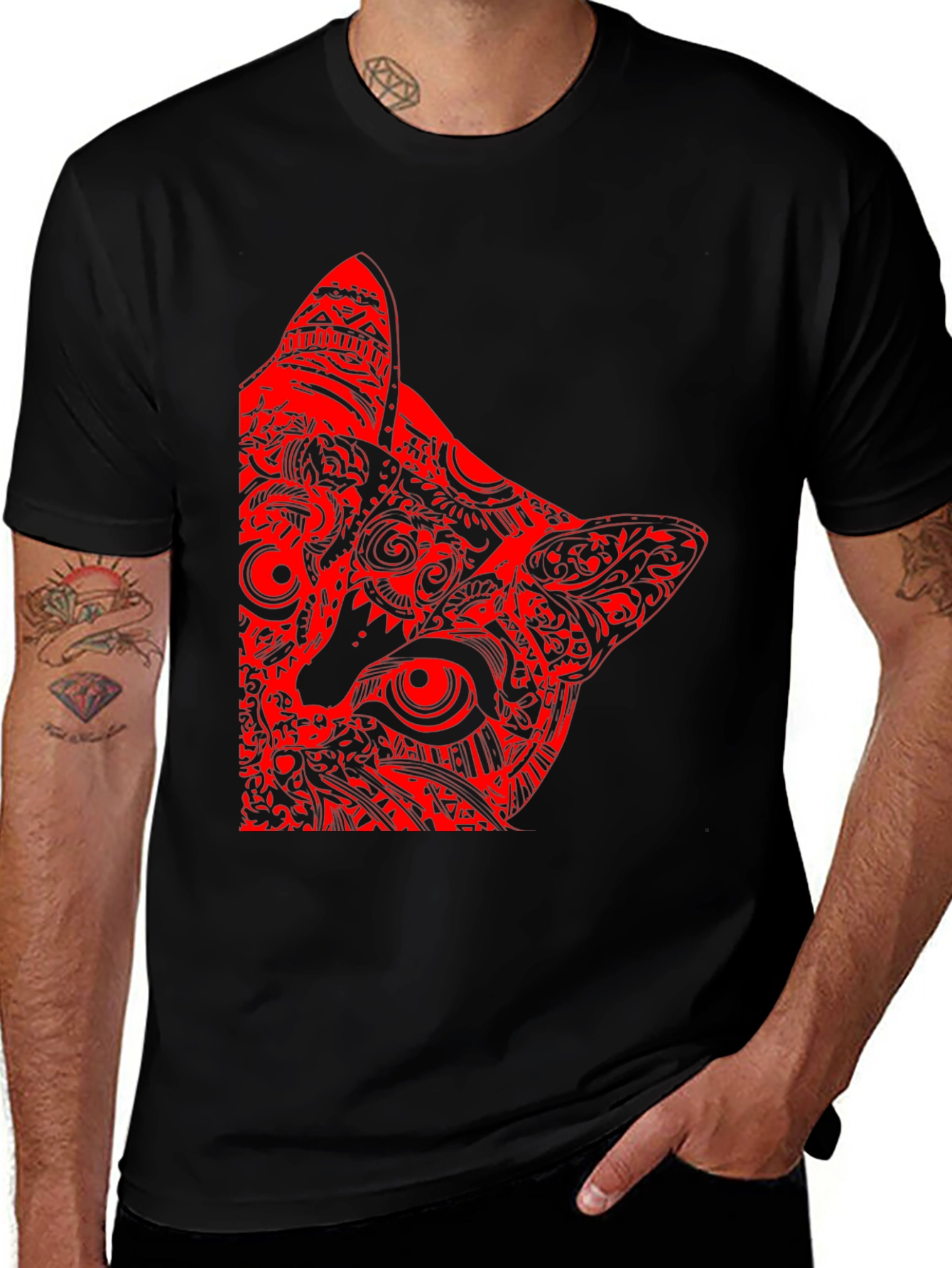 Variant 23 of Red Cat Graphic Print Black T-Shirt