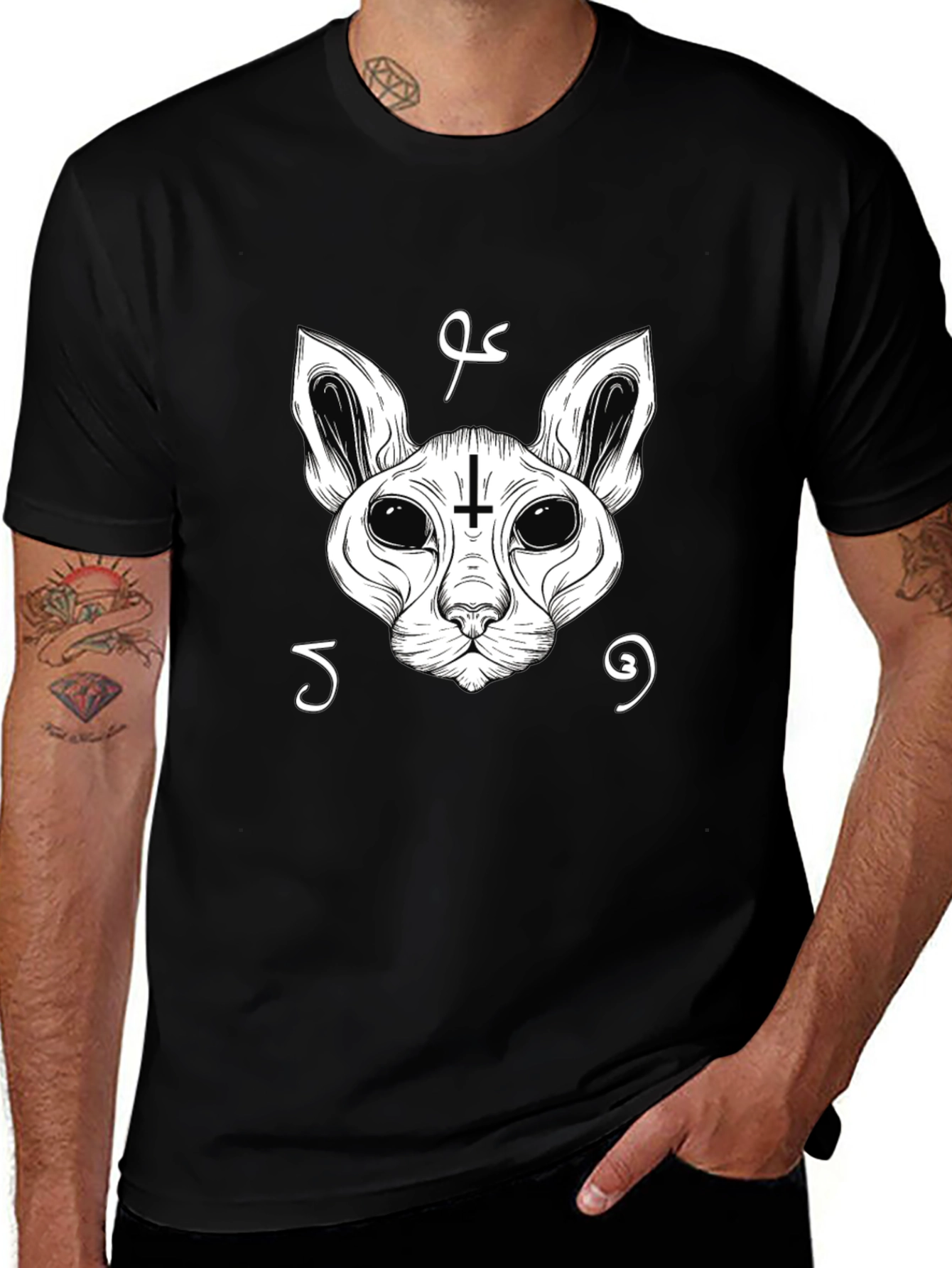 Variant 28 of Occult Cat Inverted Cross T-Shirt - Black