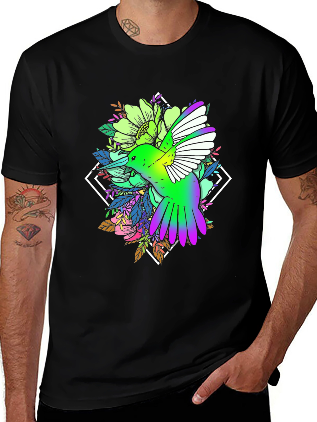 Variant 17 of Hummingbird Floral Print Black Tee
