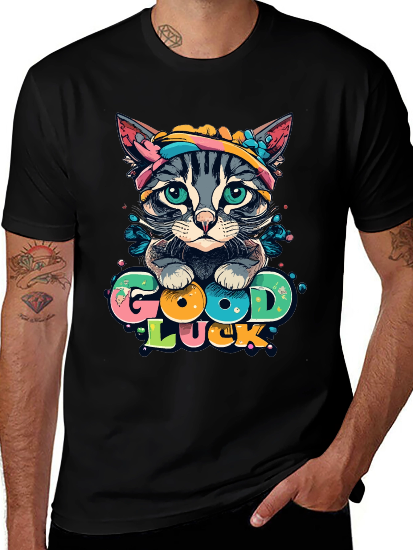 Variant 22 of Good Luck Cat Graphic Tee - Unisex Black T-Shirt