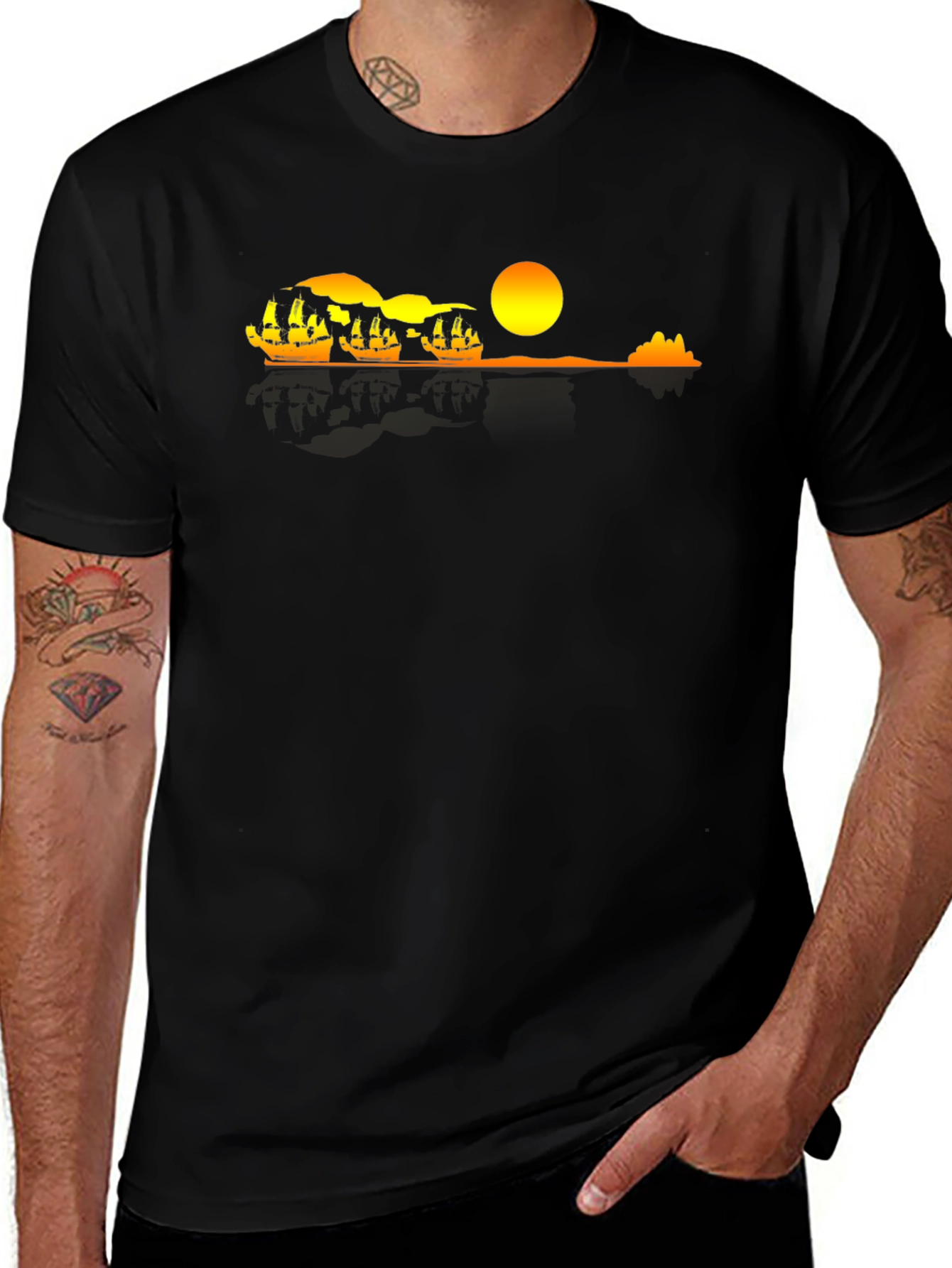 Variant 27 of Sunset Ship Graphic Tee - Black Cotton Comfort