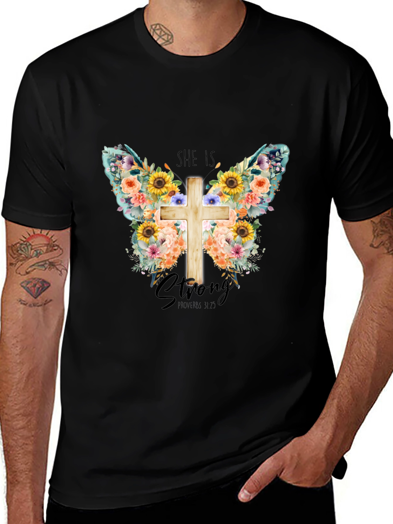 Variant 11 of She is Strong Floral Butterfly Cross T-Shirt