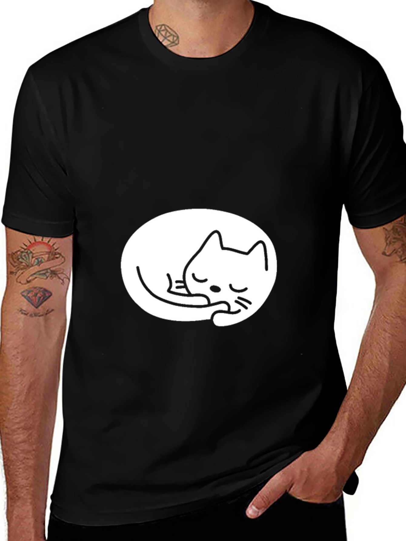 Variant 30 of Black Tee with Cute Sleeping Cat Design