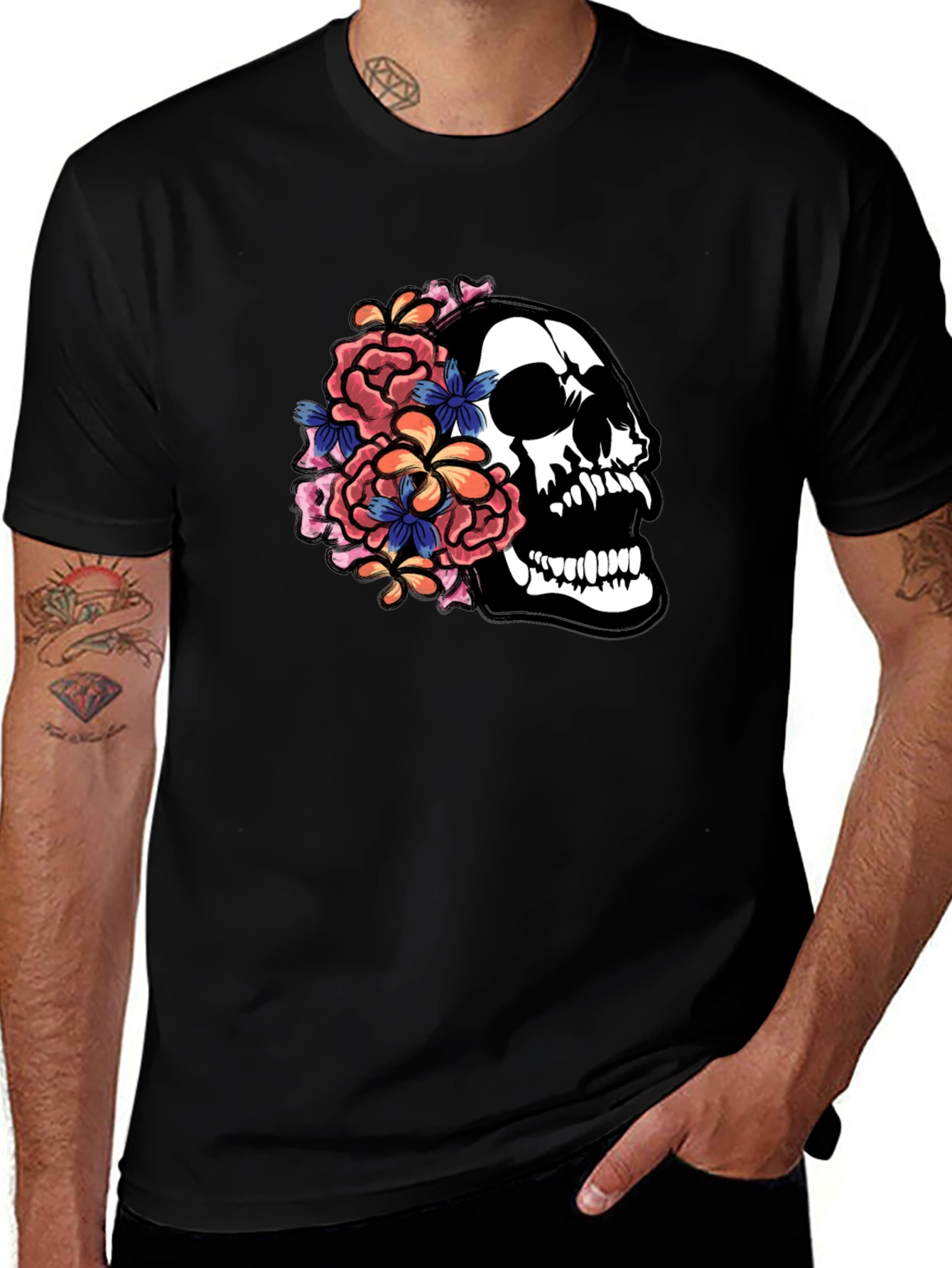 Variant 24 of Floral Skull Graphic Tee - Black Cotton T-Shirt