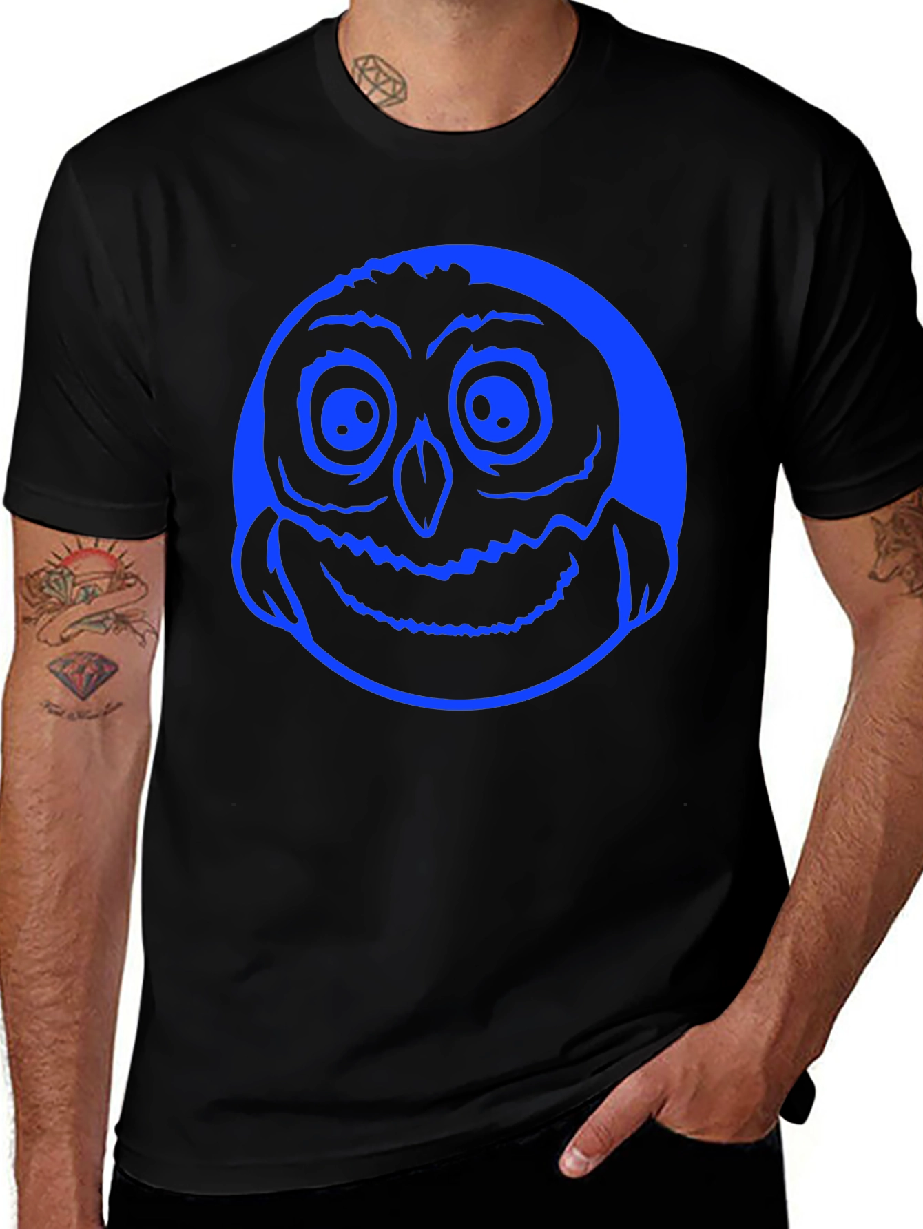 Owl Face Graphic Tee - Bold Blue Print on Black