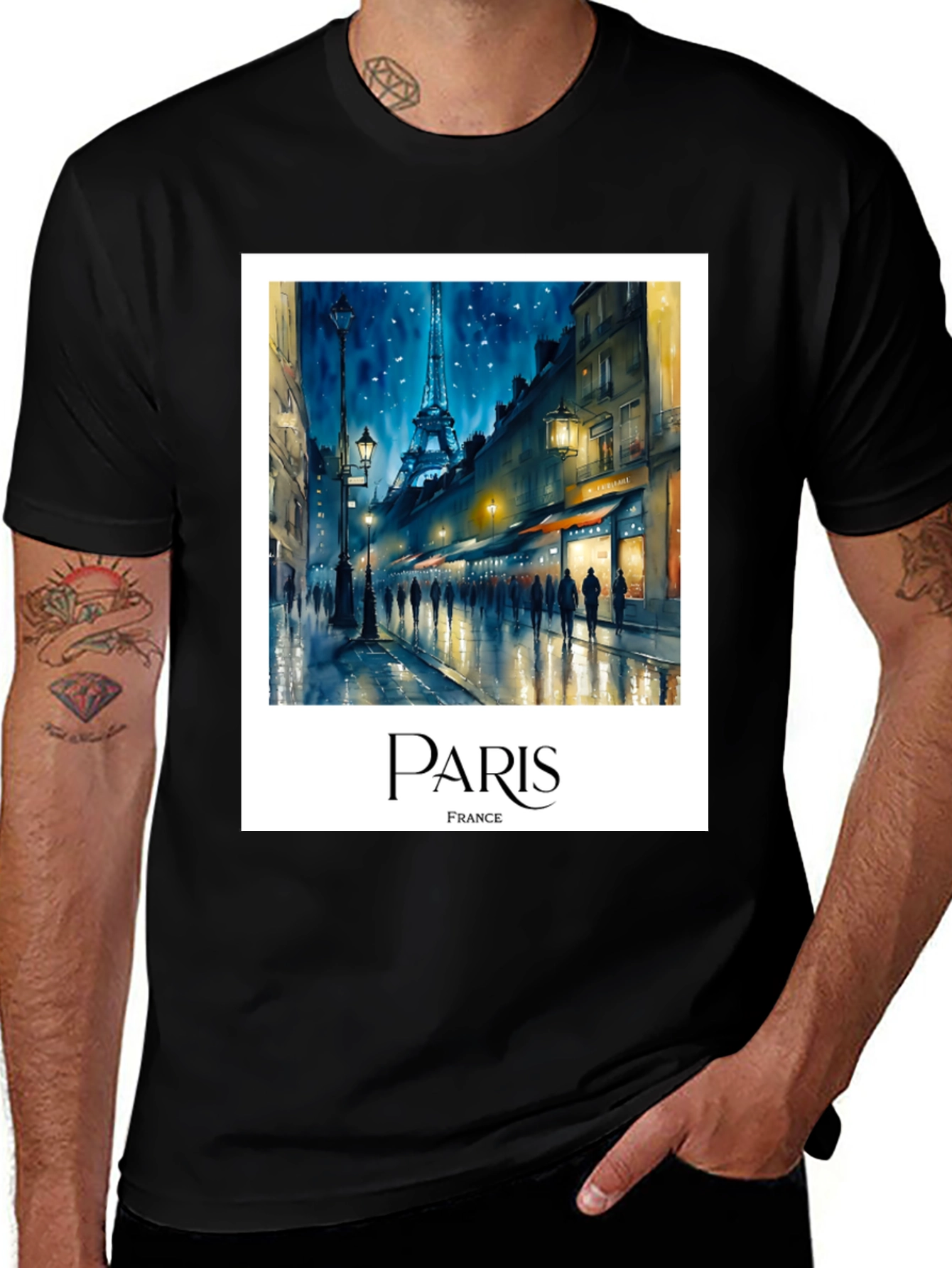 Paris France Eiffel Tower Street Black T-Shirt