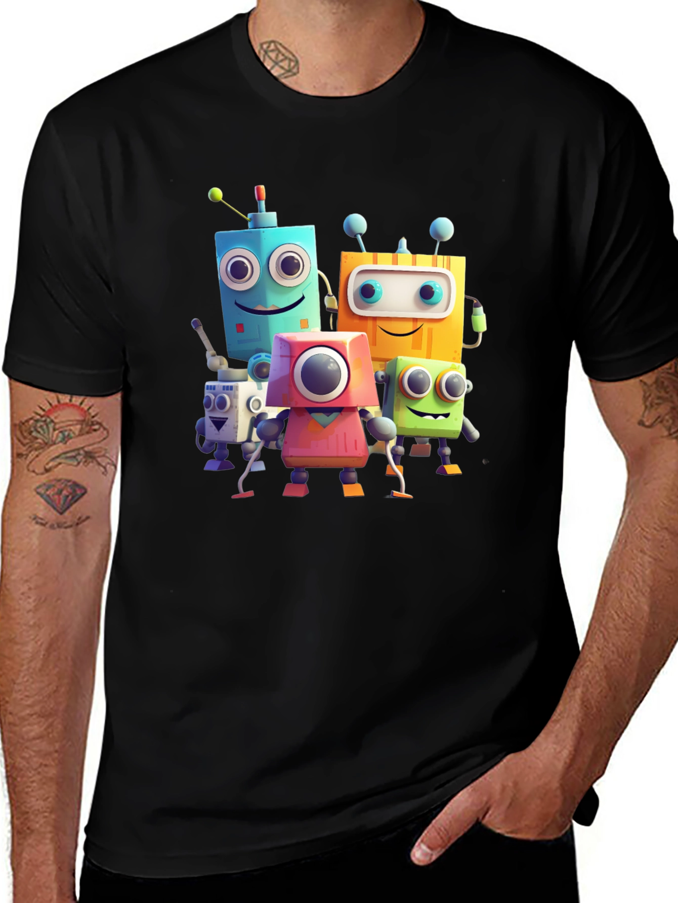 Variant 11 of Fun Robot Crew Graphic Tee - Black Cotton Shirt