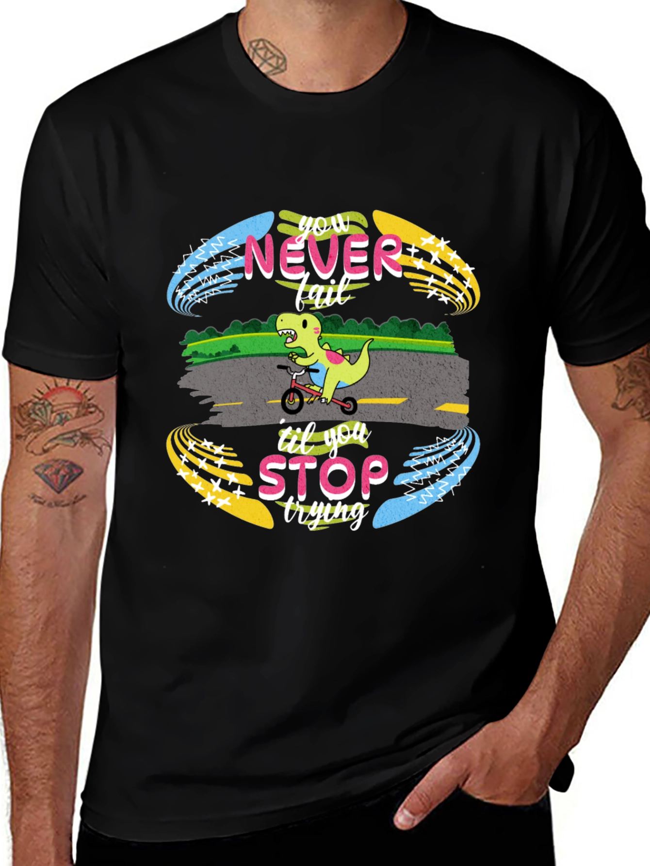 Variant 20 of Dino Bike Ride Black T-Shirt: Never Fail, Keep Trying