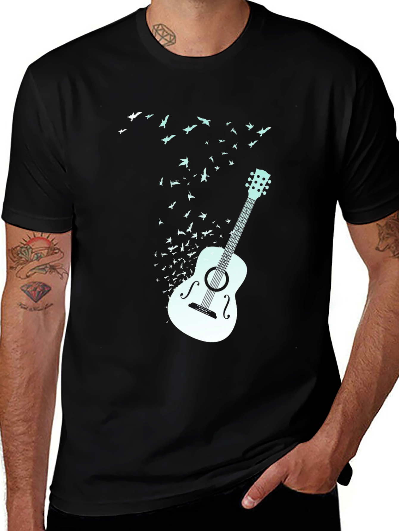 Variant 23 of Guitar & Birds Graphic Print Black T-Shirt