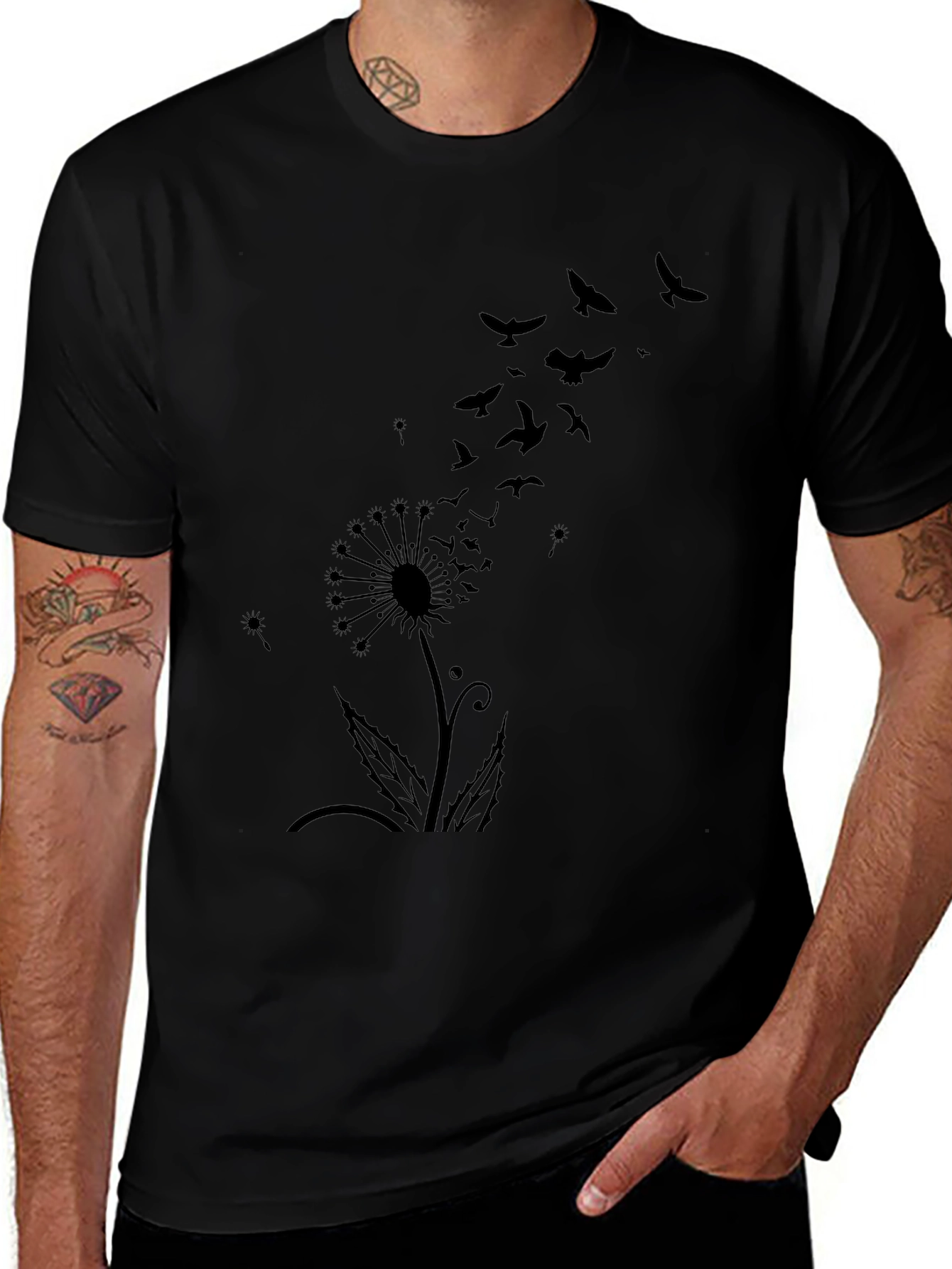 Variant 22 of Men's Black Dandelion Bird Graphic Tee