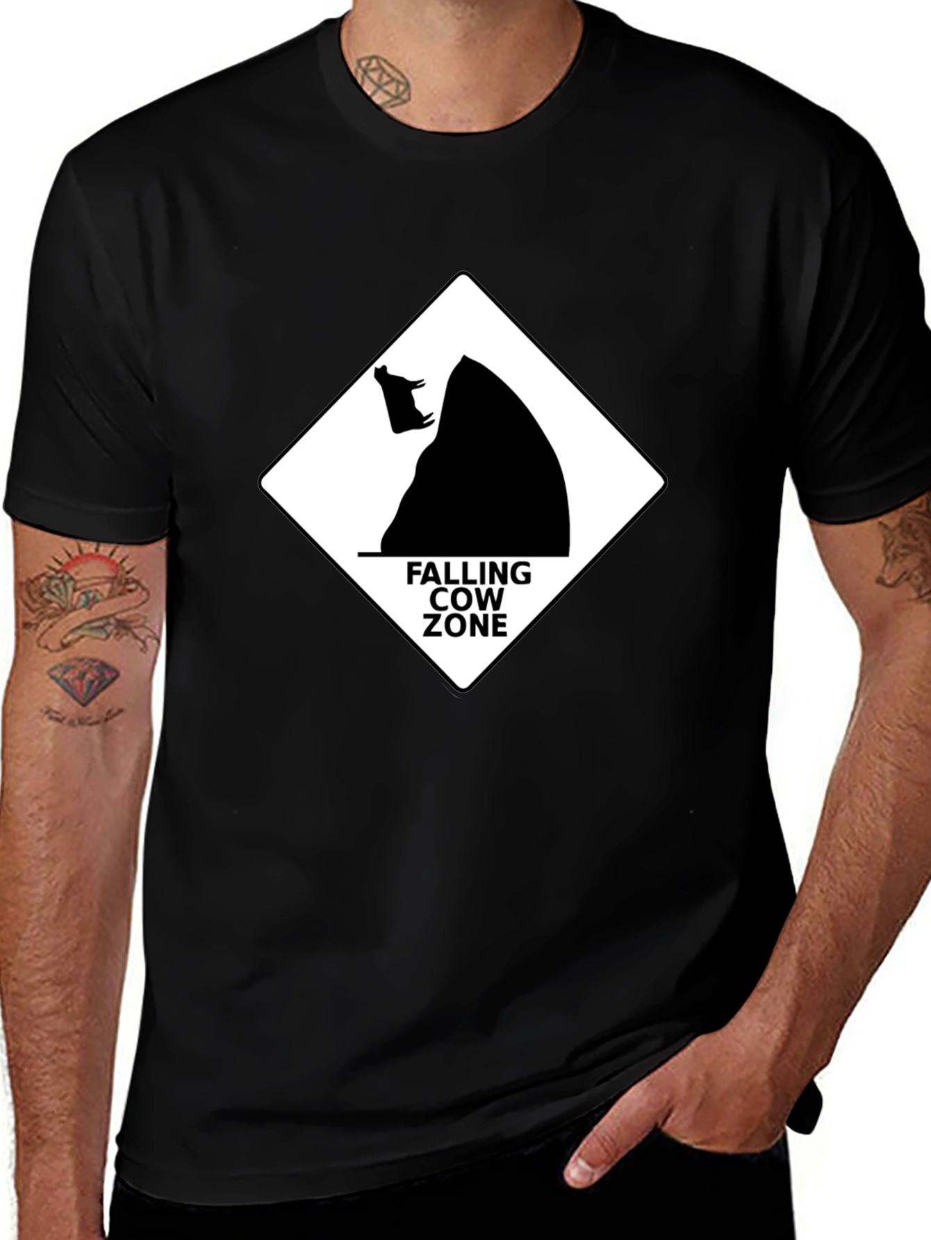 Variant 23 of Falling Cow Zone Black T-Shirt Funny Humor Graphic Tee