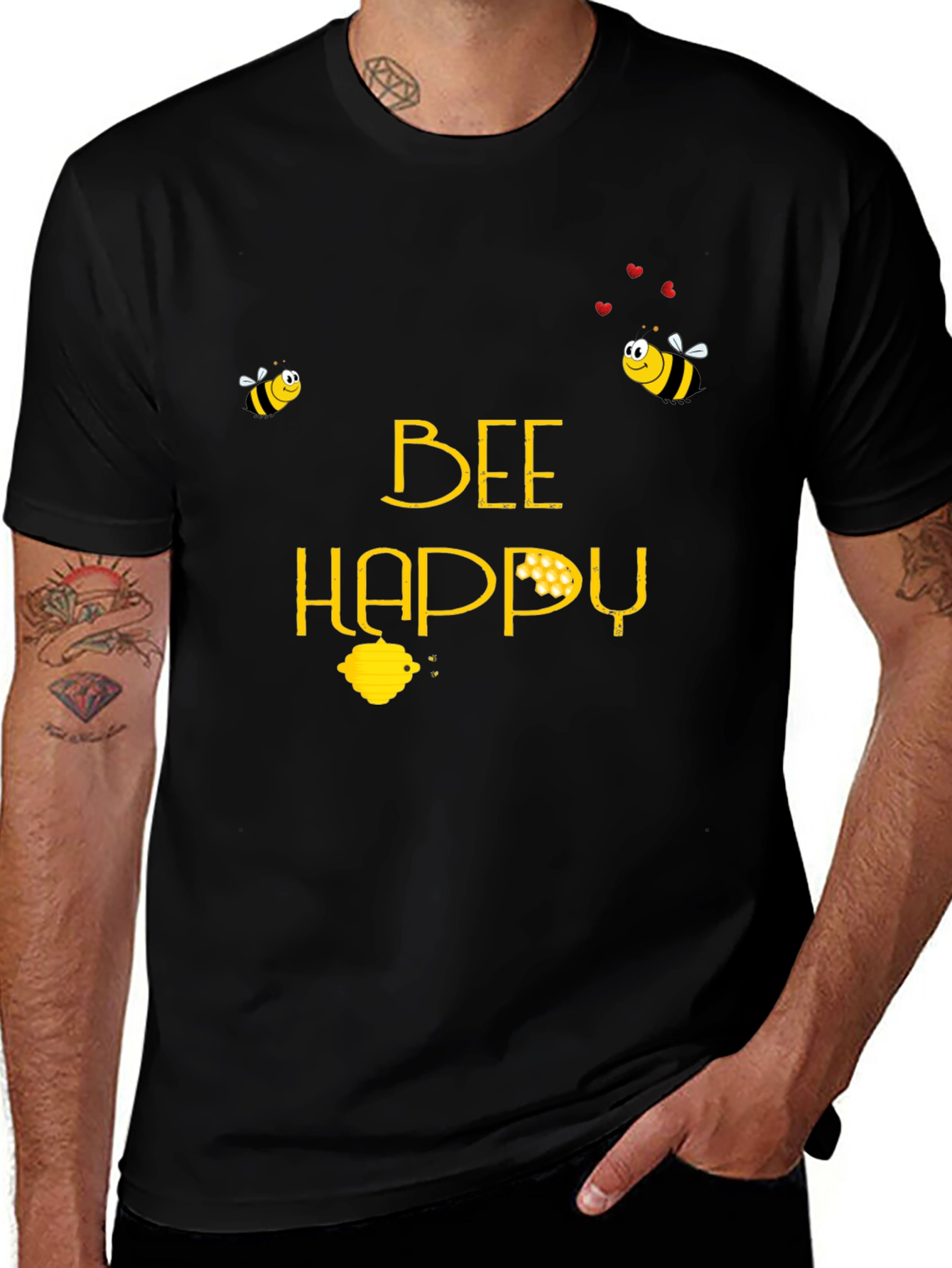 Variant 3 of Bee Happy Graphic Tee - Black Cotton T-Shirt
