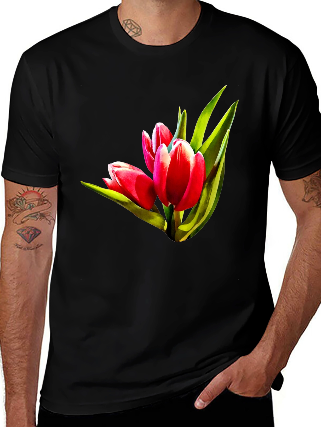 Tulip Flower Graphic Black T-Shirt
