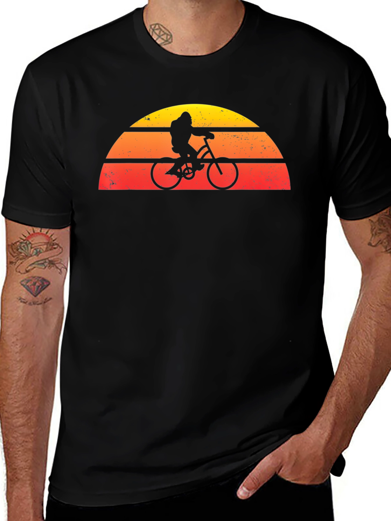 Variant 20 of Retro Sunset Bigfoot on Bike Graphic Tee - Black