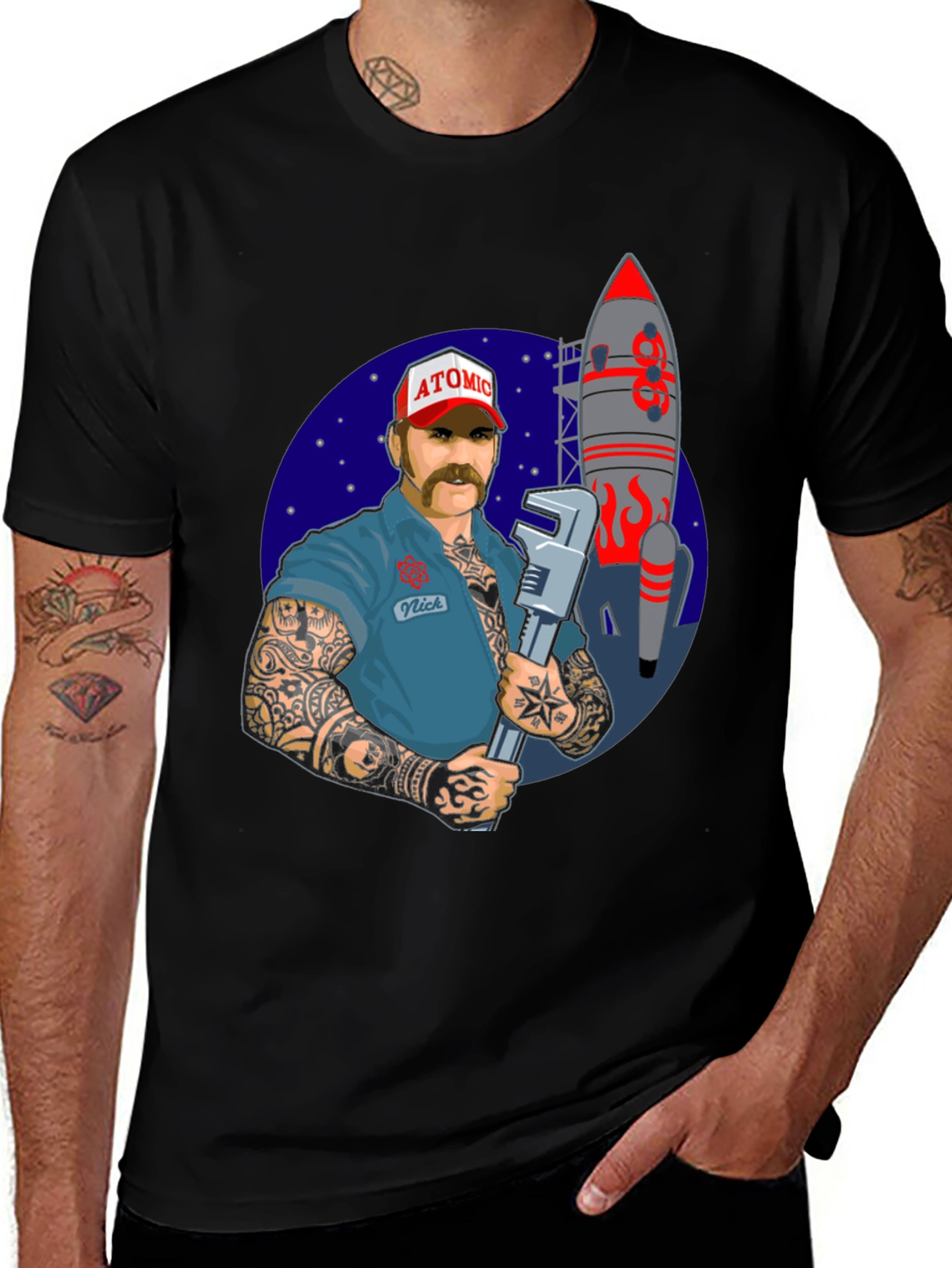 Black Atomic Mechanic Rocket T-Shirt main image