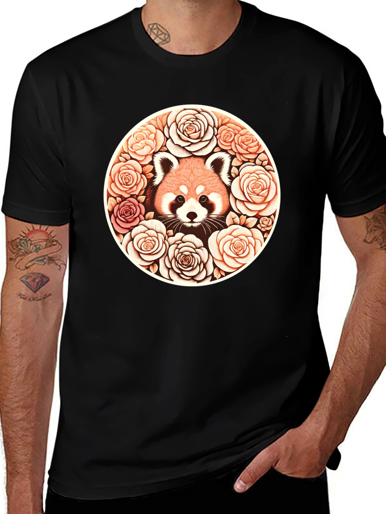 Variant 14 of Red Panda Rose Circle Black T-Shirt