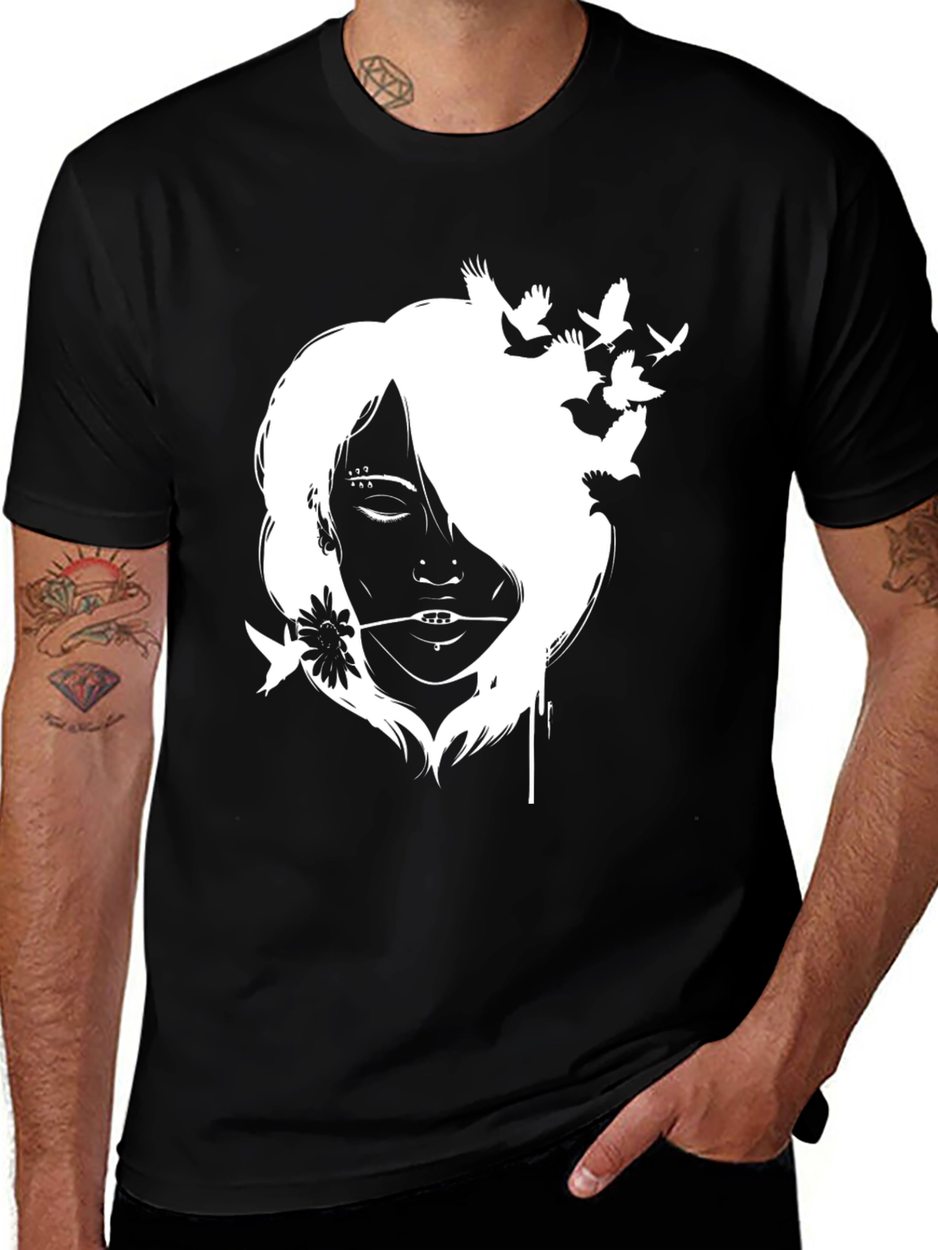 Variant 14 of Black T-Shirt with White Girl and Bird Design