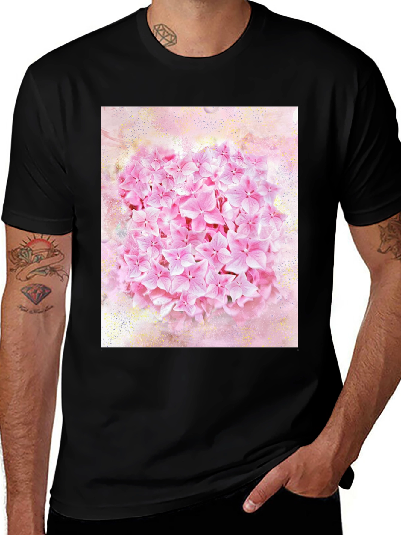 Variant 22 of Pink Floral Print Black T-Shirt