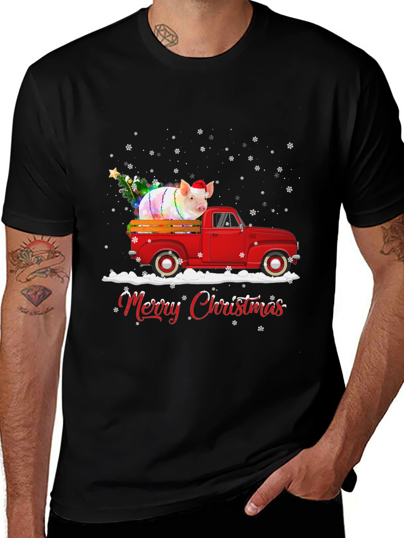 Festive Pig in Truck Christmas Graphic Tee