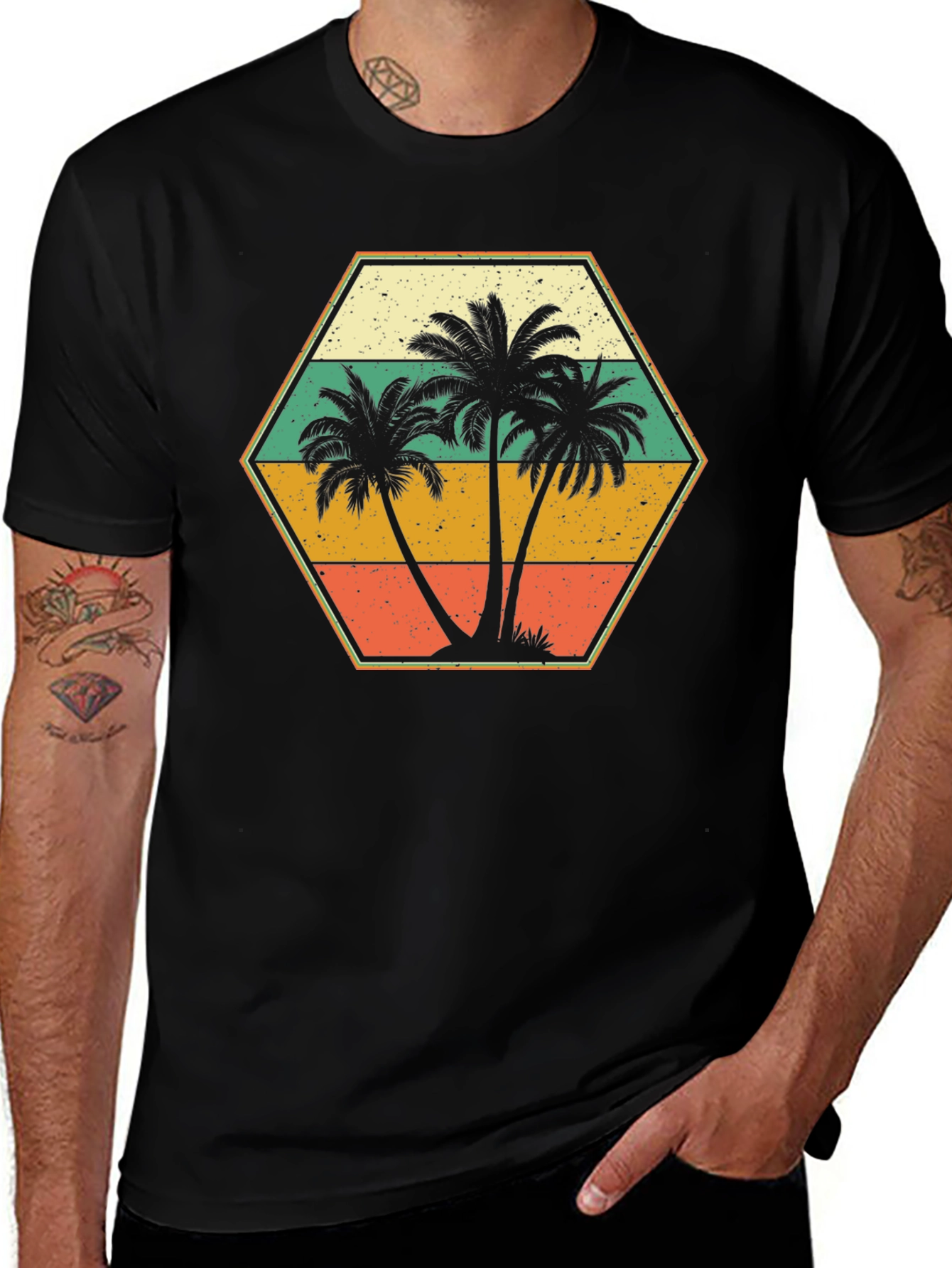 Variant 3 of Retro Palm Tree Hexagon Graphic Tee