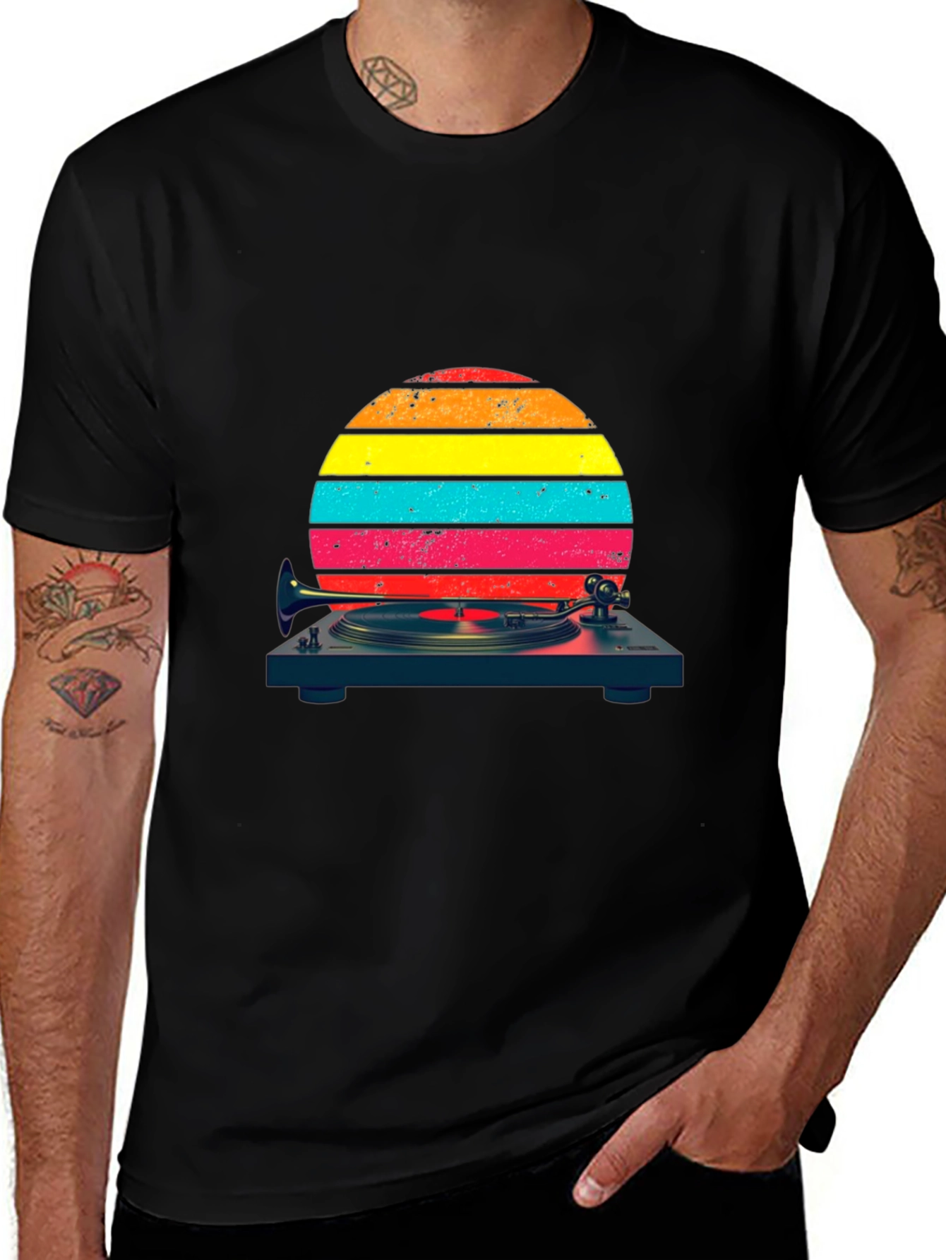 Variant 17 of Retro Sunset Vinyl Record Player Graphic Tee - Black