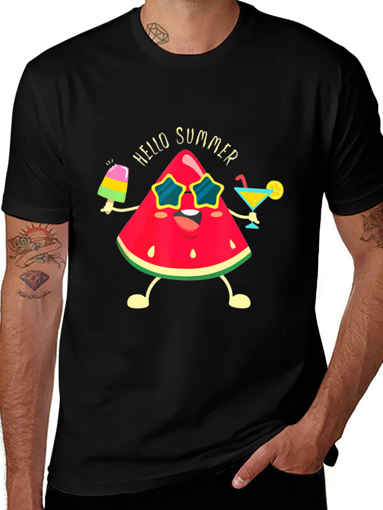Variant 21 of Hello Summer Watermelon Graphic Black T-Shirt