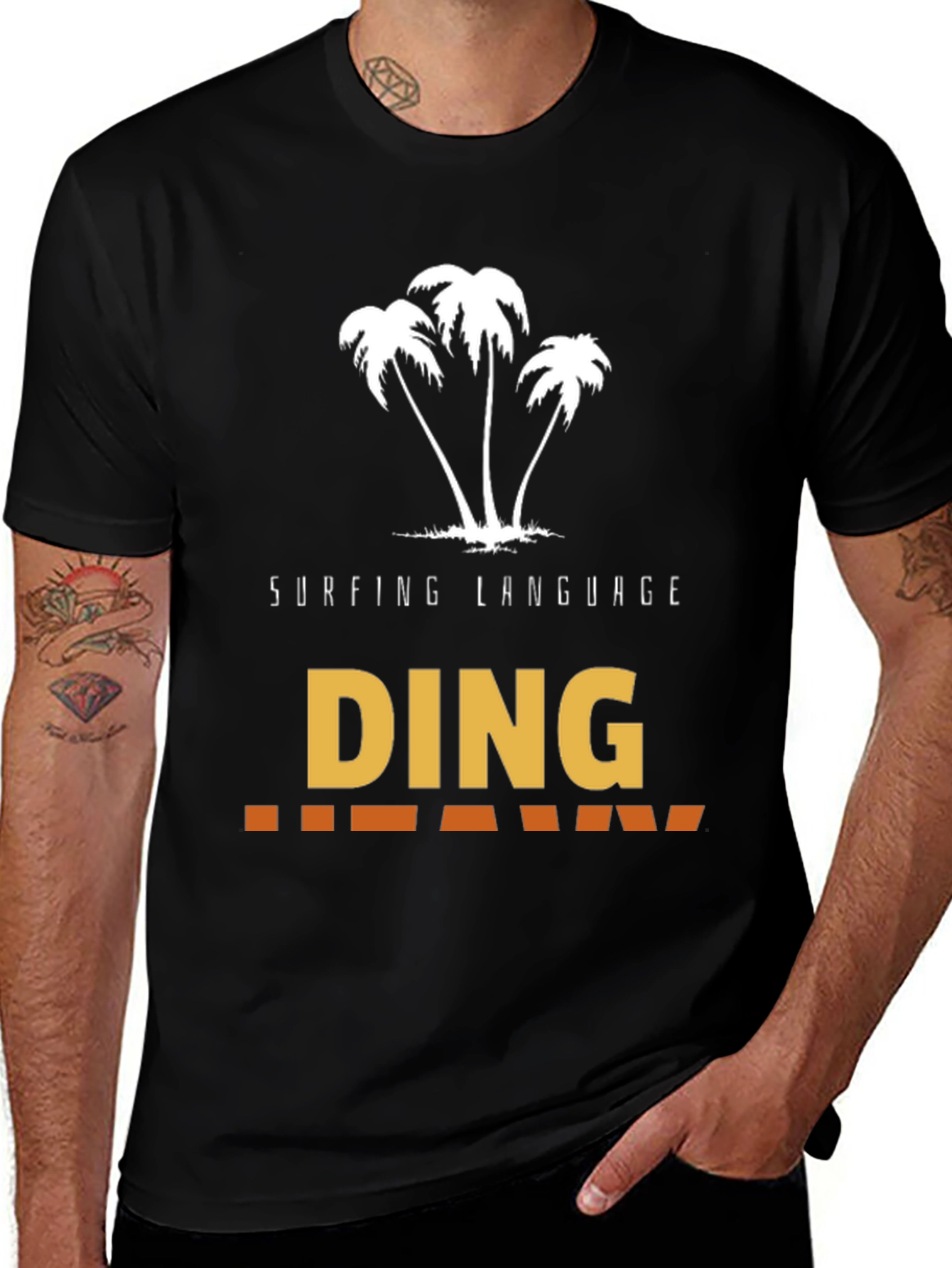 Variant 9 of Surfing Language Ding T-Shirt - Palm Tree Design