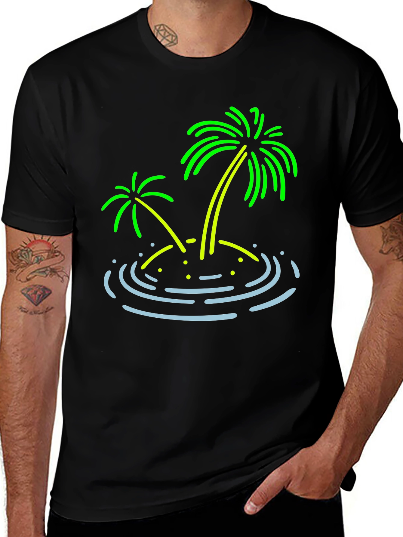 Variant 10 of Island Palm Tree Graphic Tee - Black Cotton T-Shirt
