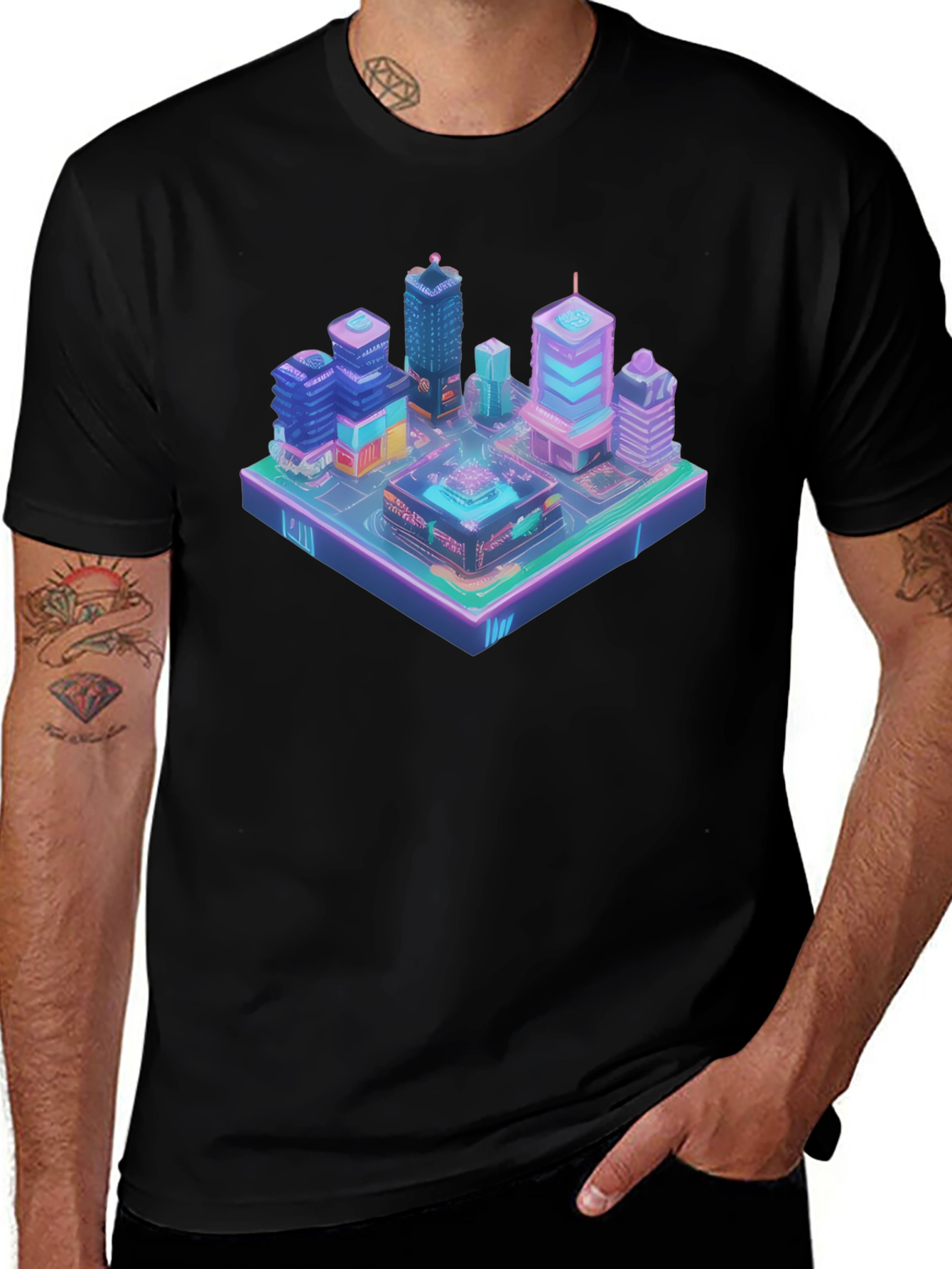 Variant 26 of Isometric Cityscape Graphic Tee - Futuristic Urban Style