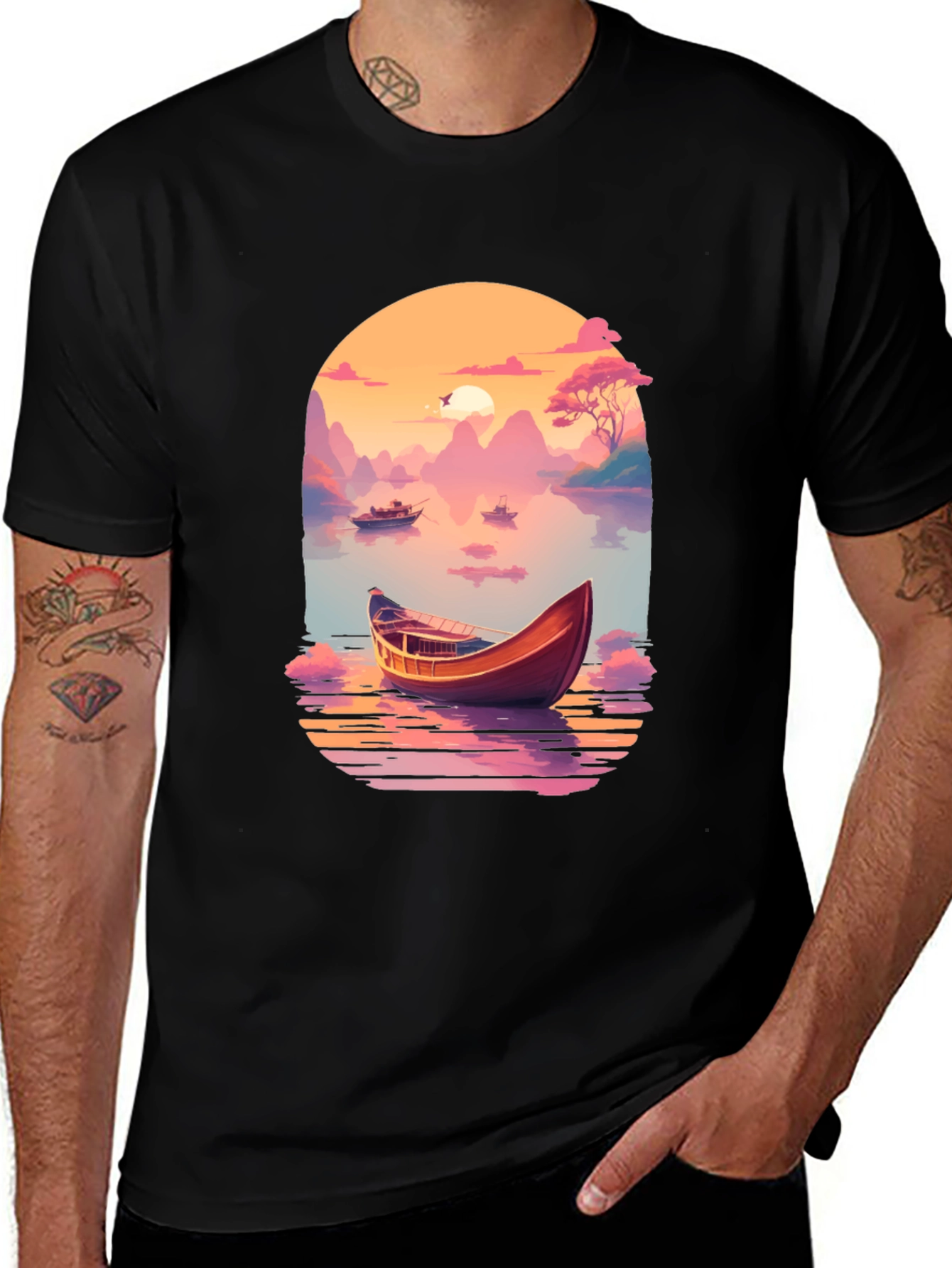Variant 10 of Sunset Lake Boat T-Shirt - Artistic Graphic Tee