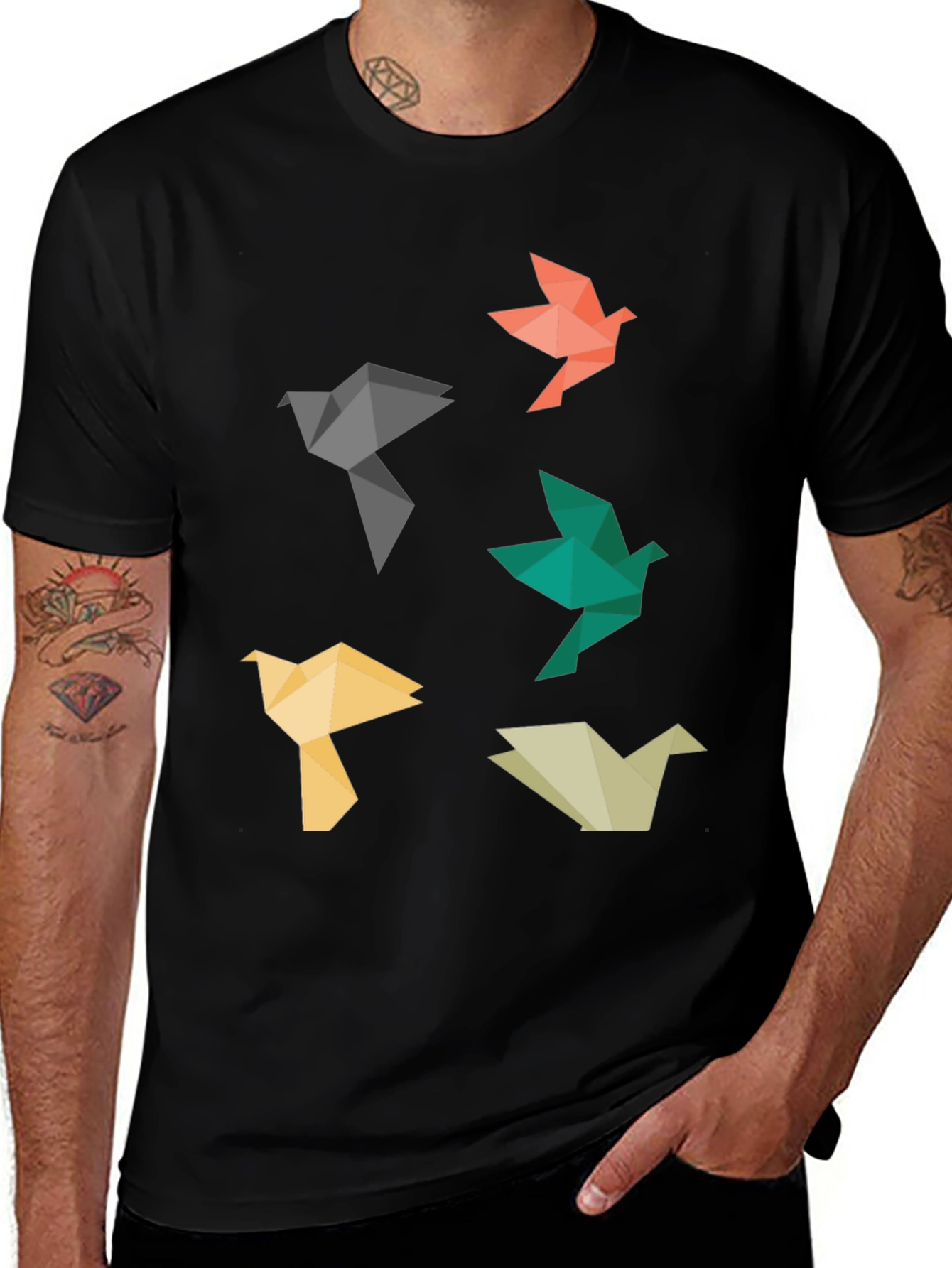 Origami Bird Graphic Tee - Black Casual T-Shirt