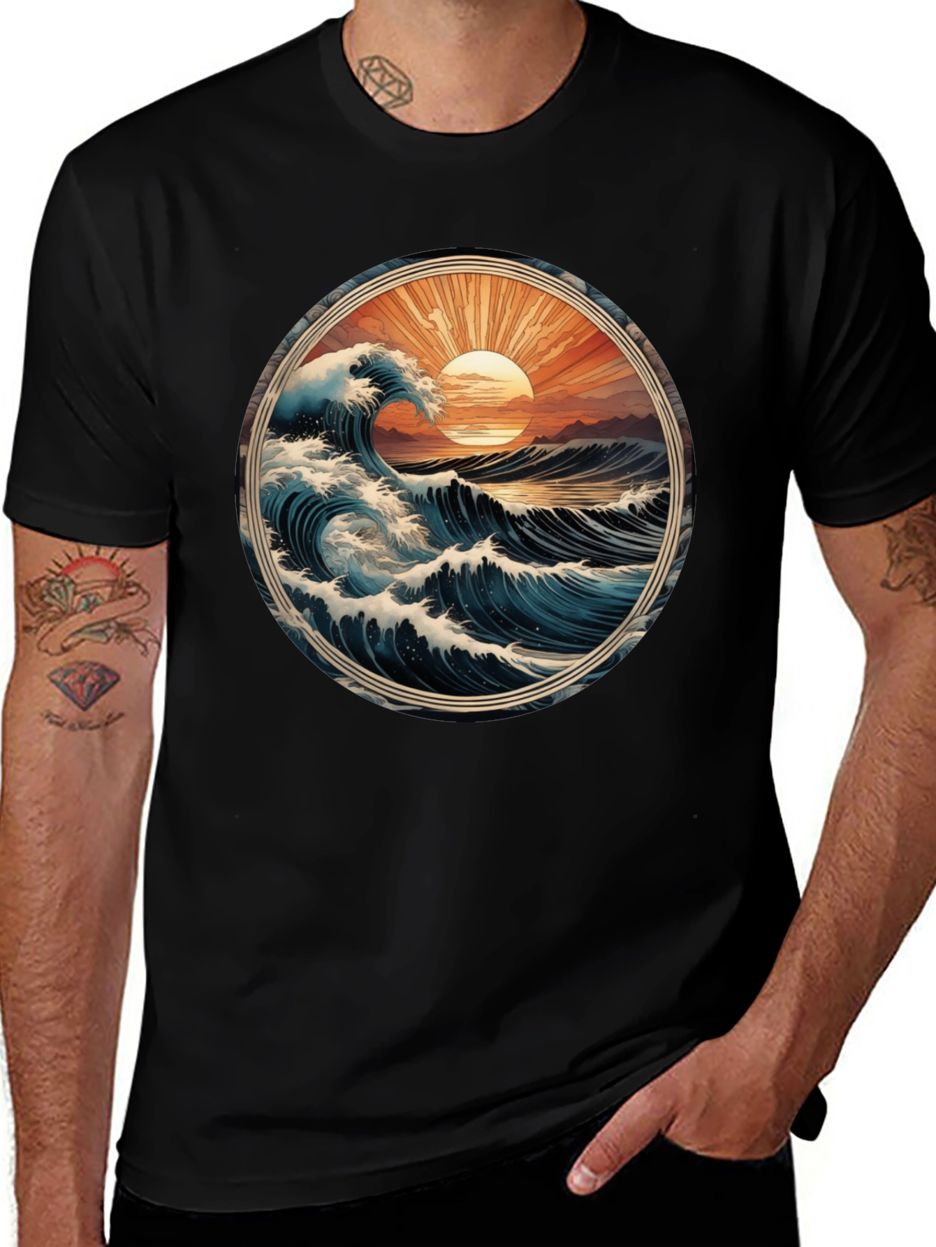 Variant 15 of Ocean Wave Graphic Tee - Black Cotton Comfort