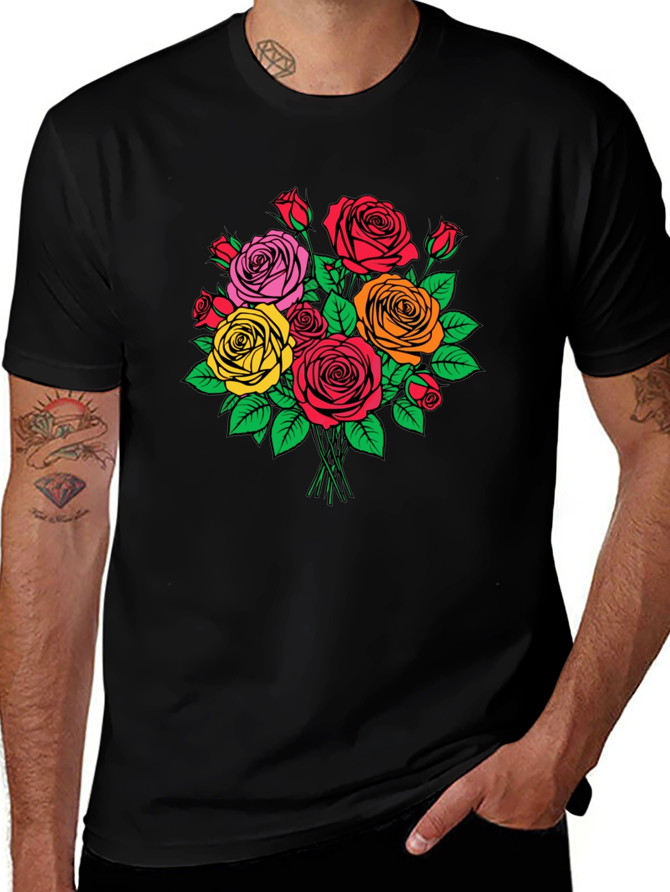 Variant 14 of Floral Bouquet Graphic Tee - Black Cotton Casual T-Shirt