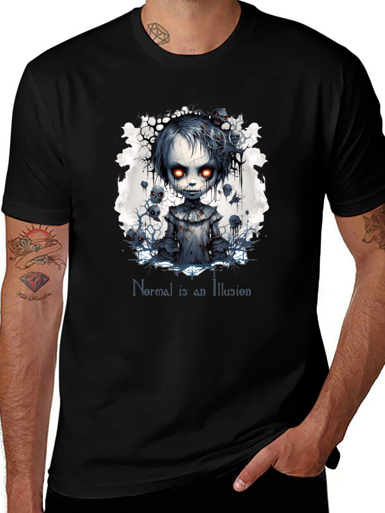 Variant 22 of Creepy Doll Graphic Tee: Normal is an Illusion