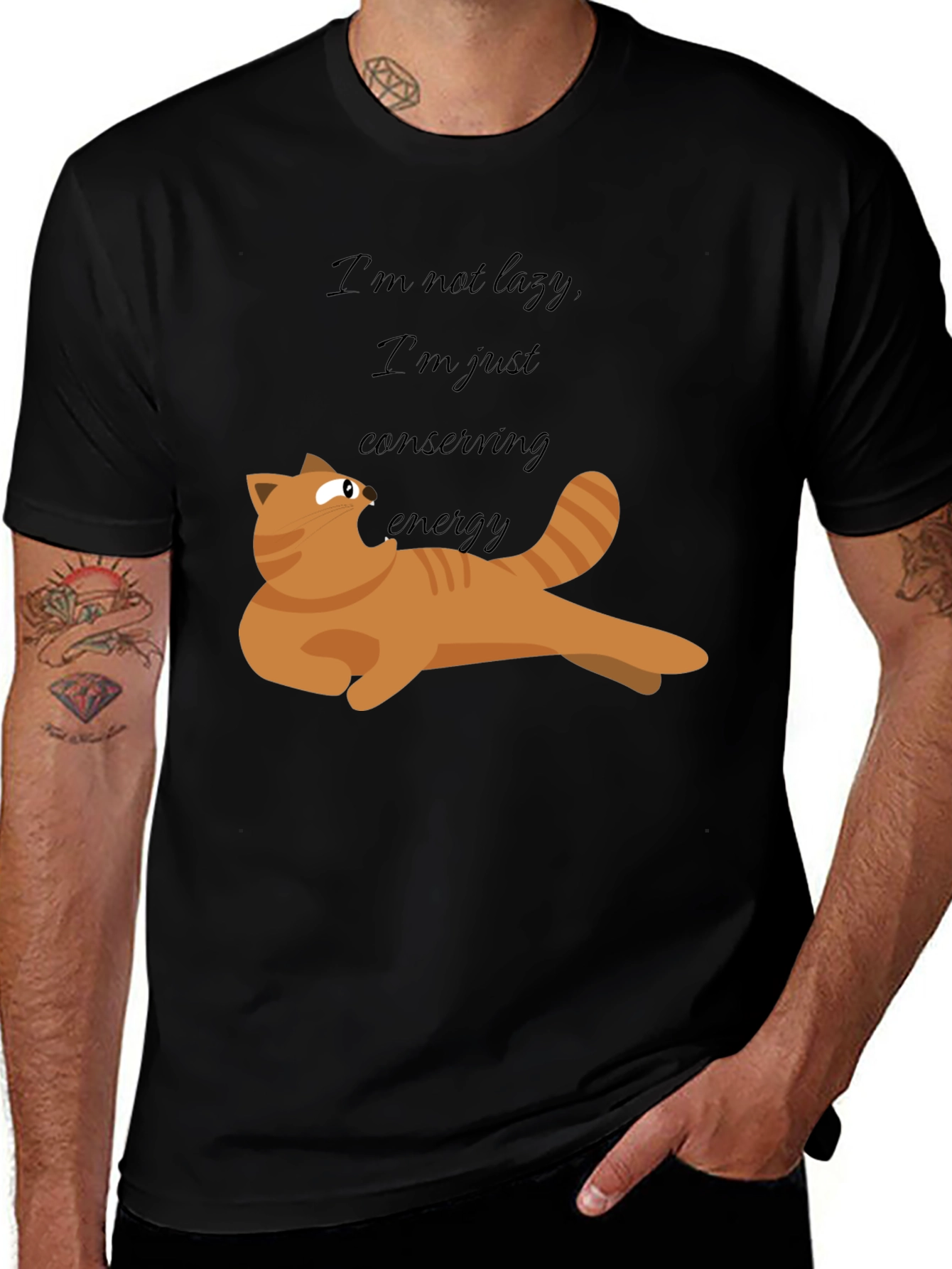 Variant 21 of Funny Cat Conserving Energy Black T-Shirt