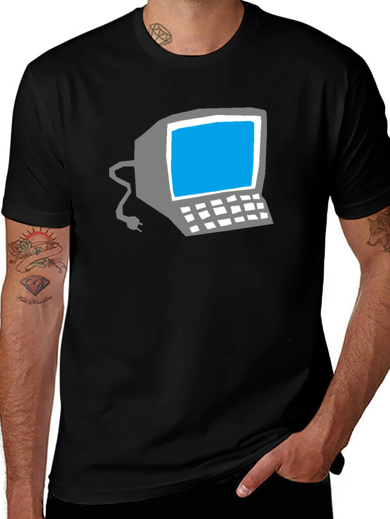 Retro Computer Graphic Tee - Black Cotton T-Shirt