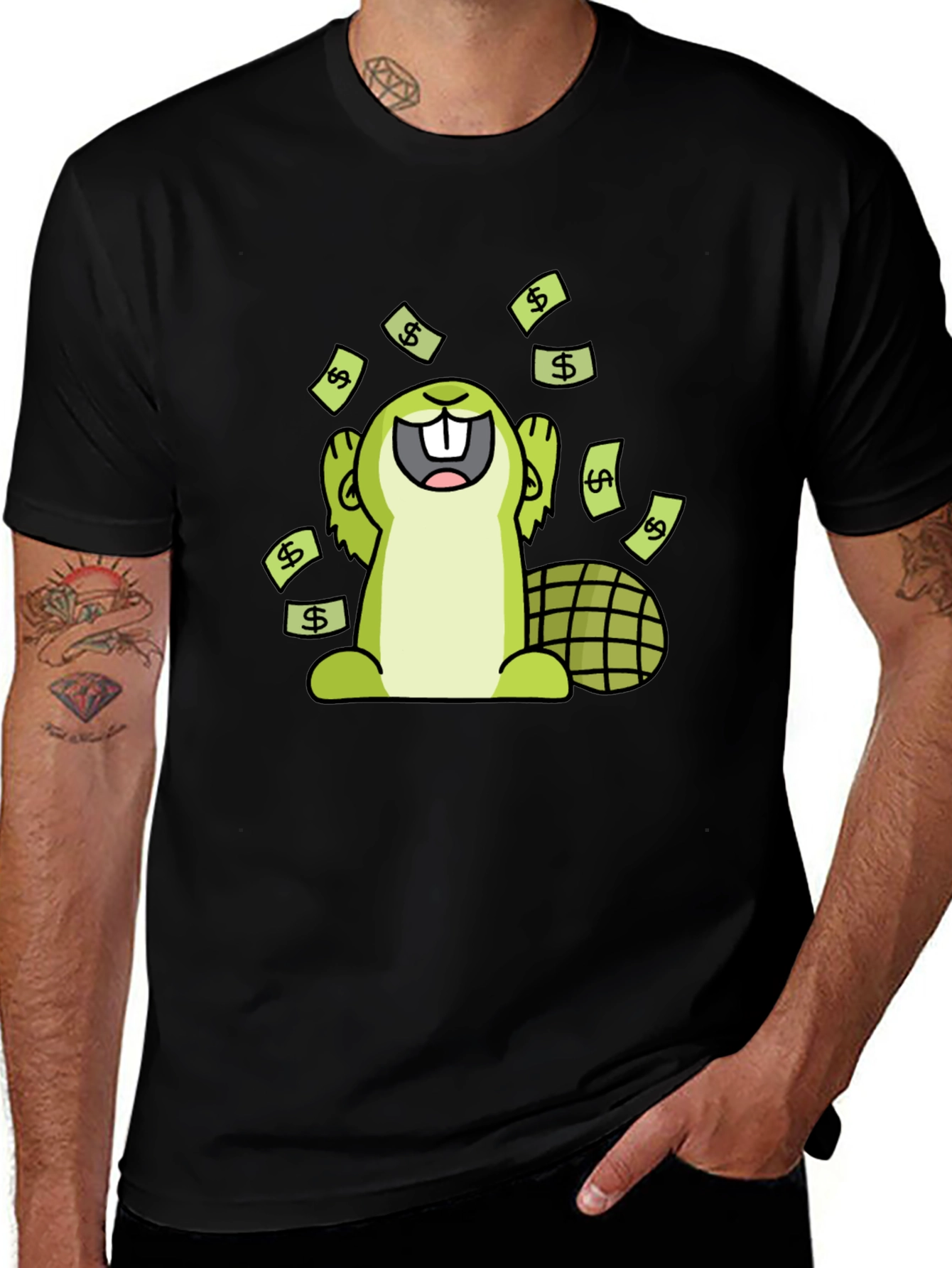 Variant 18 of Funny Beaver Money T-Shirt - Black Cotton Tee