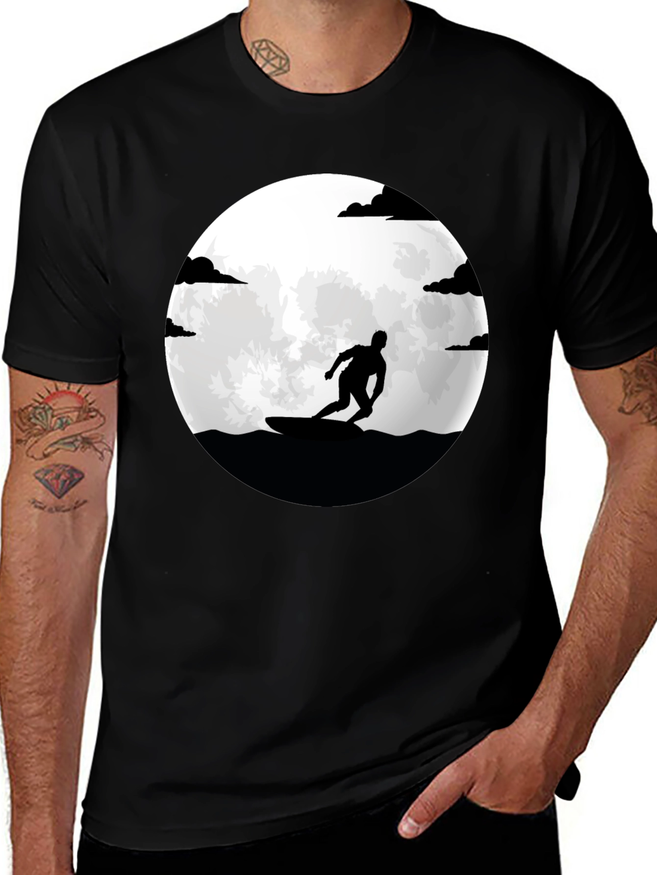 Surfer Silhouette Tee - Moonlit Waves Graphic T-Shirt