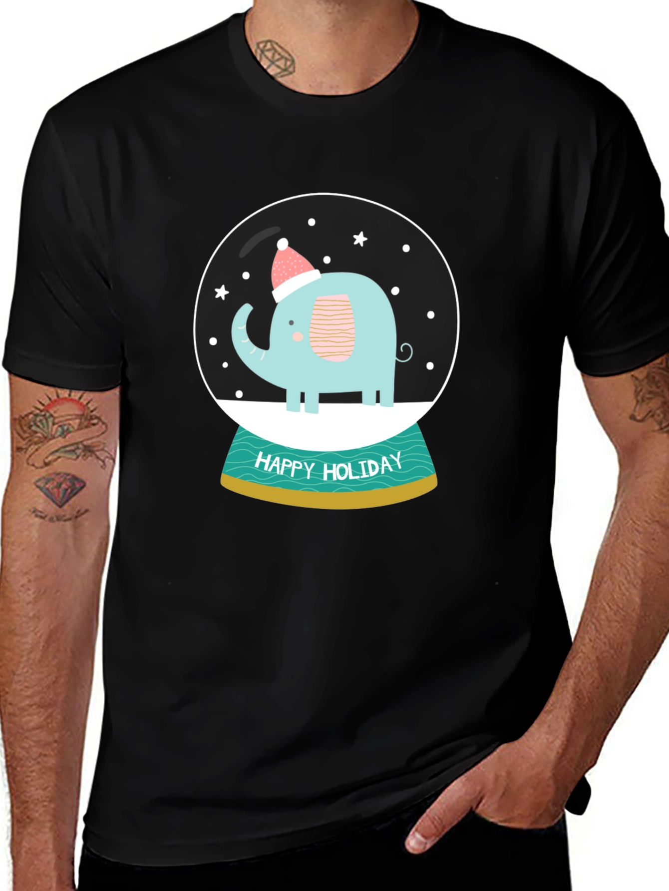 Black Holiday Elephant Snow Globe Graphic Tee main image