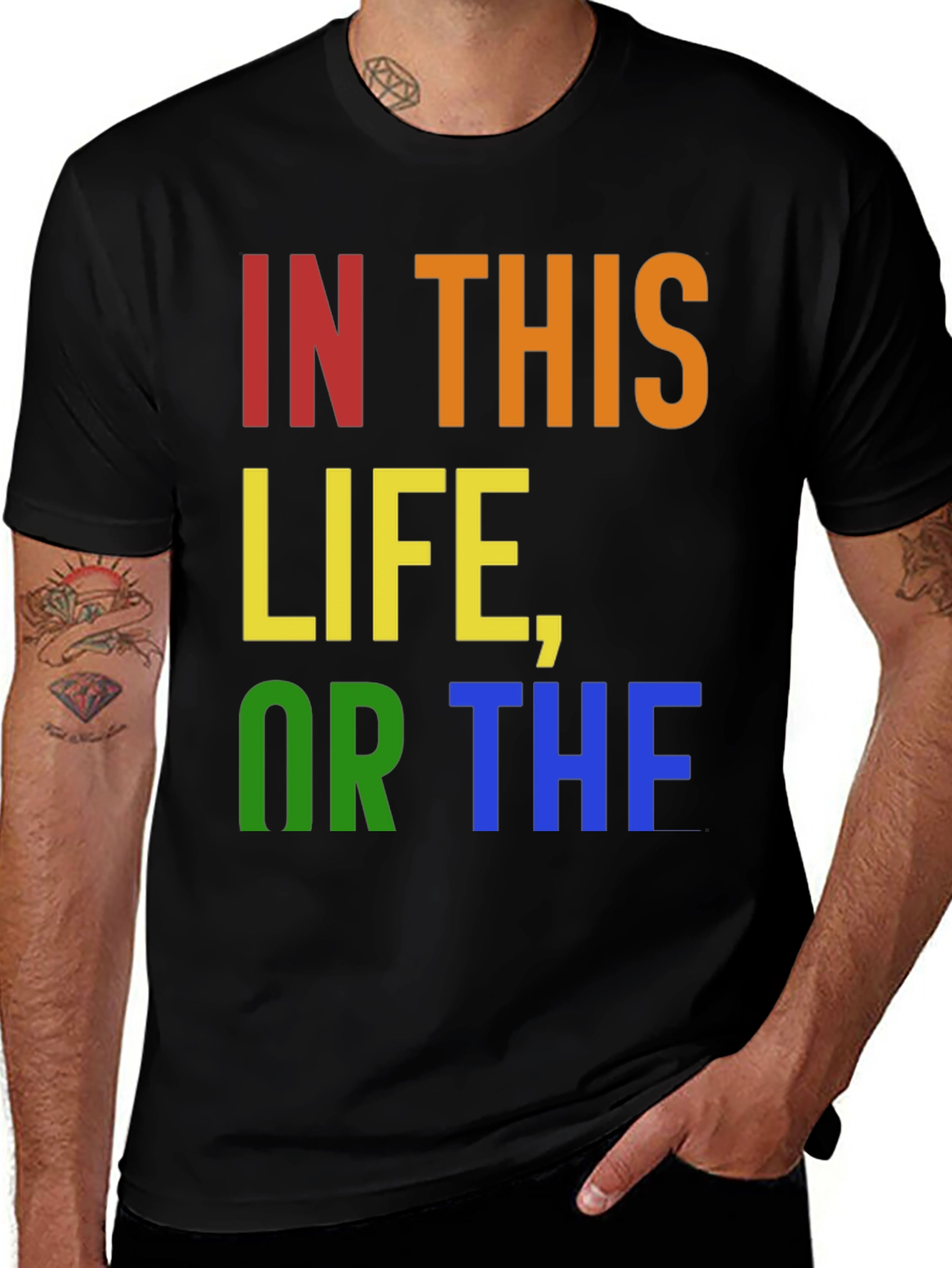 Variant 30 of Rainbow Text T-Shirt: "In This Life, or the Next"