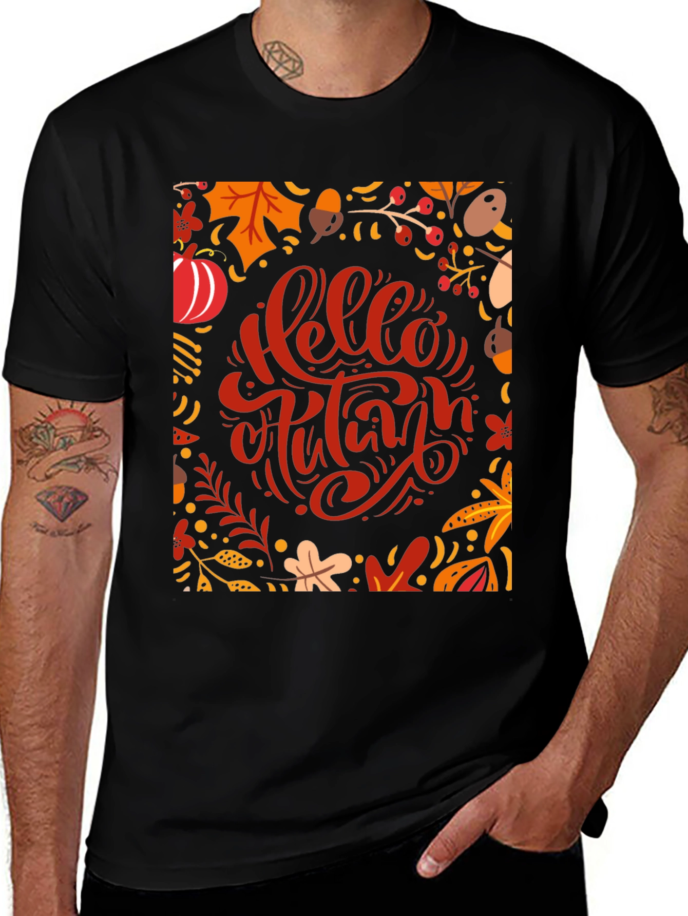 Variant 29 of Hello Autumn Graphic Tee - Black Cotton T-Shirt