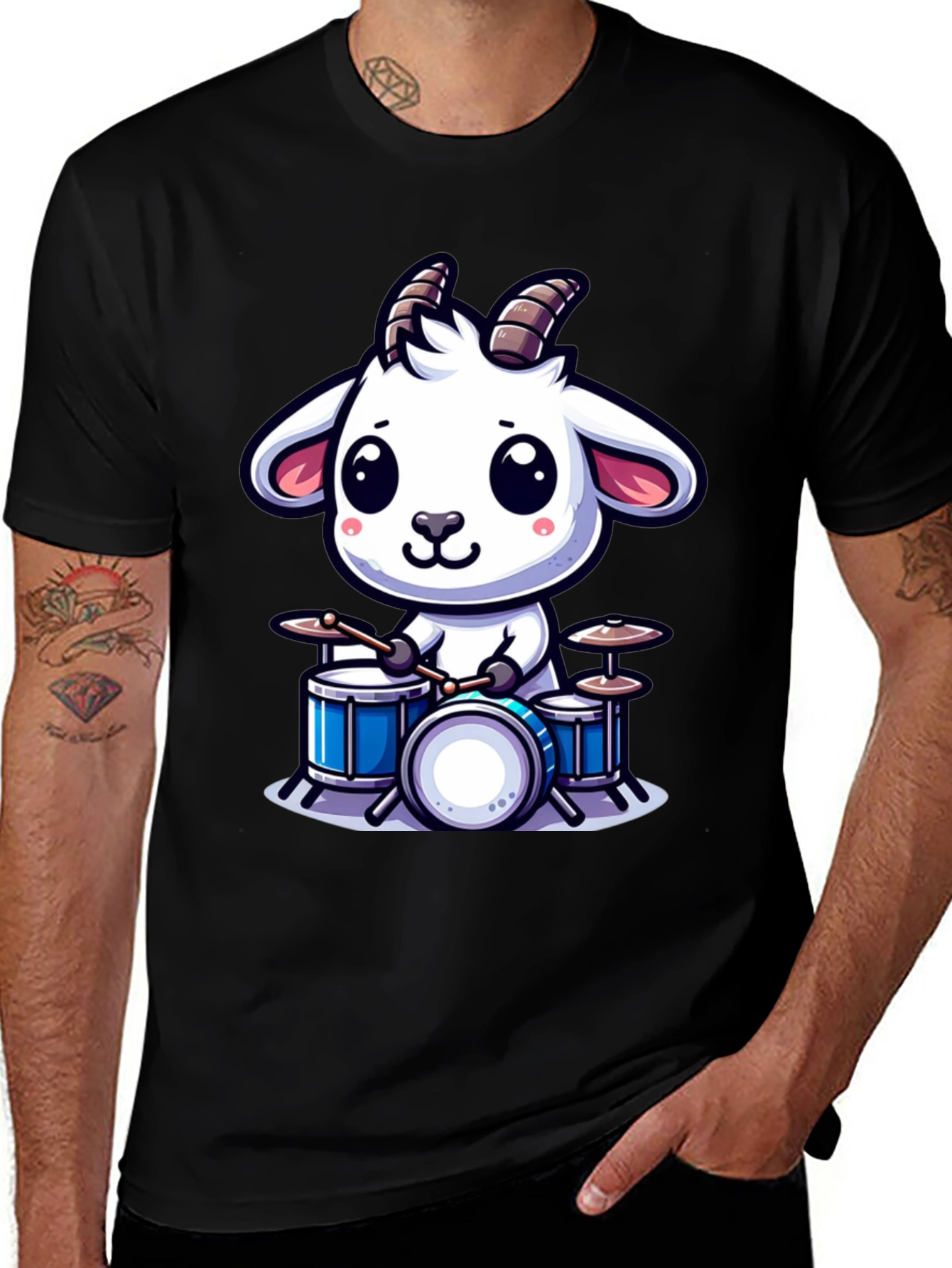 Variant 14 of Goat Drummer Cartoon T-Shirt - Black